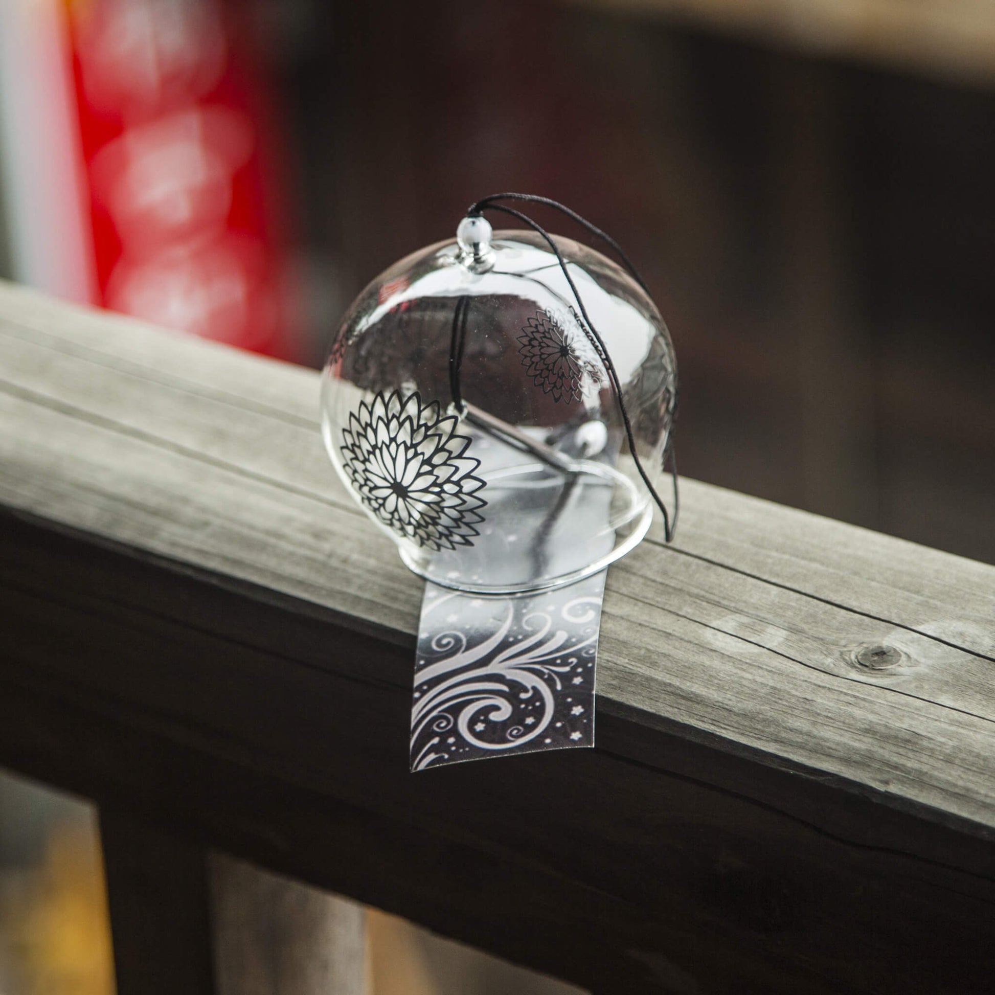 Acever black chrysanthemum mandala glass wind chime X17 showing full length with clear globe and wildflower photo paper strip