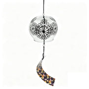 Main product shot of Acever Japanese furin glass wind chime X17 with black chrysanthemum mandala on clear flat-rim globe and wildflower photo paper strip on white background