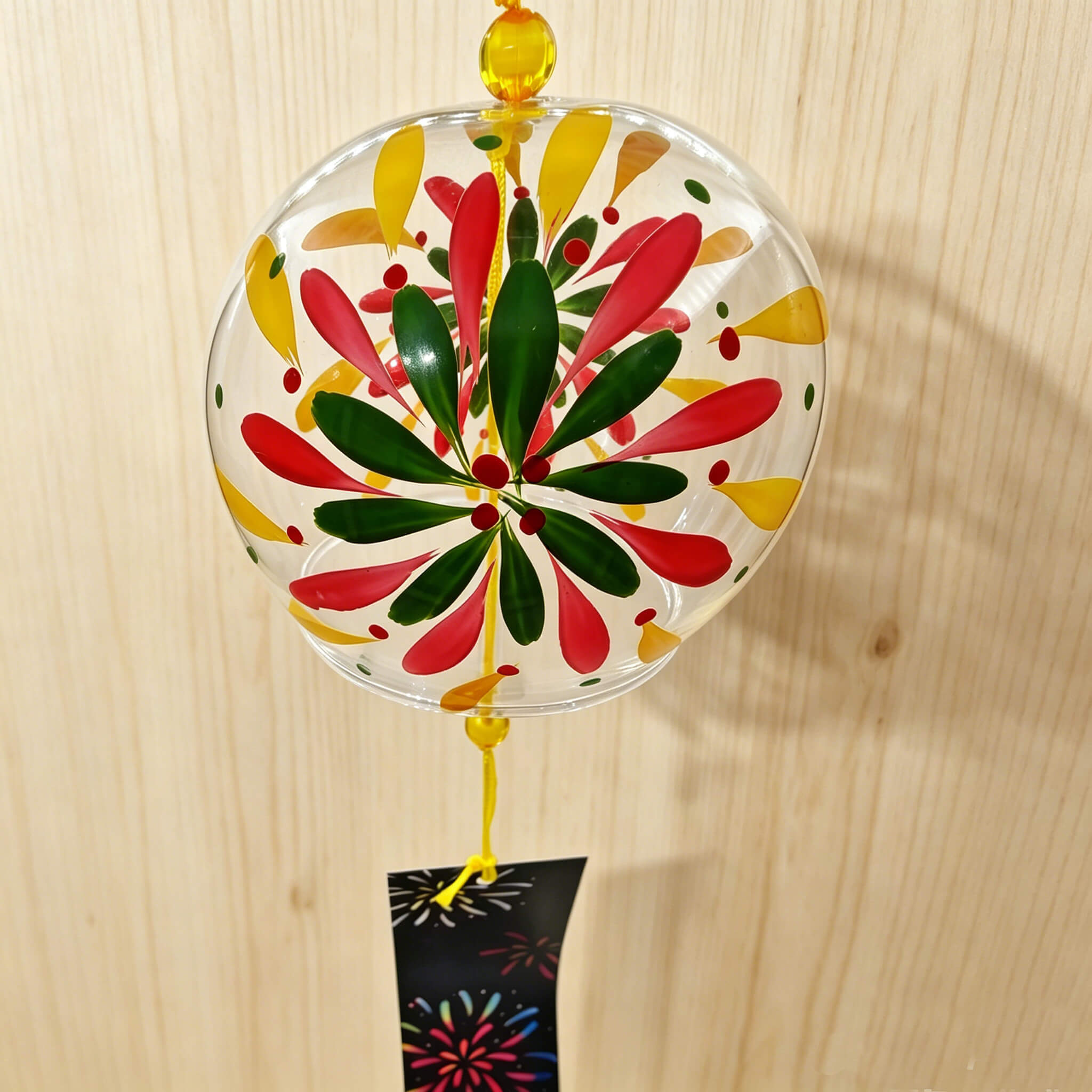 Acever fireworks hanabi glass wind chime X18 hanging from carved wooden temple gate showing clear globe with red green and gold fireworks design and navy fireworks paper strip