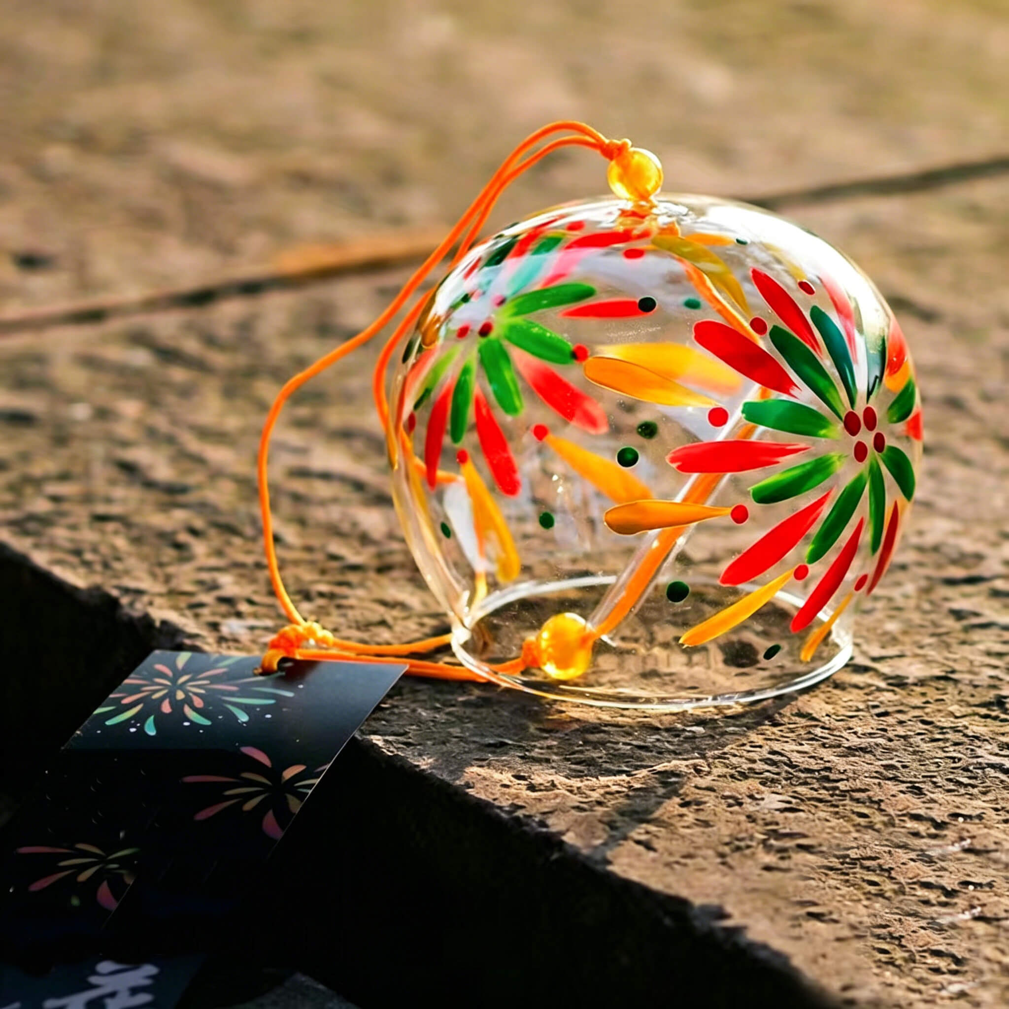 Sunshine goes through Acever fireworks hanabi glass wind chime X18 on ground showing multicolour fireworks globe and deep navy fireworks photo paper strip