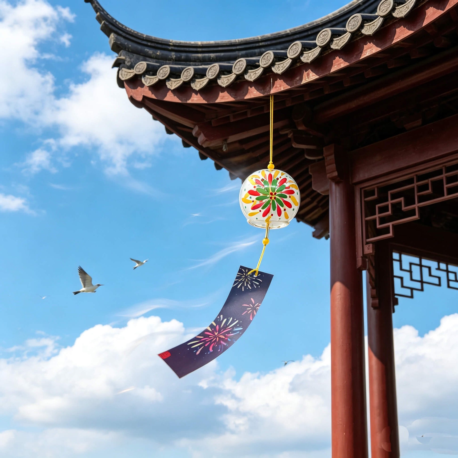 Acever fireworks hanabi glass wind chime X18 hanging from traditional Chinese pavilion eave against blue sky with birds flying and navy fireworks paper strip swaying