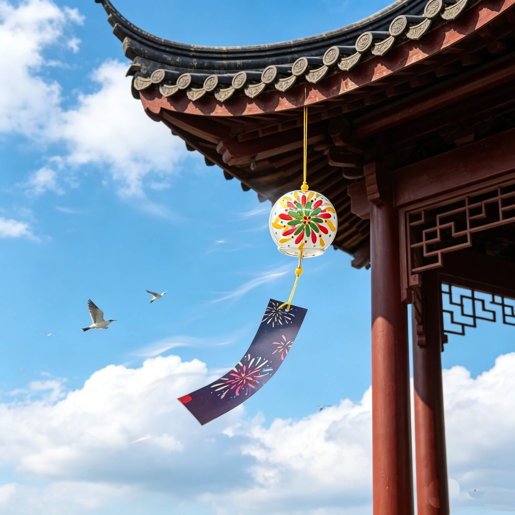 Acever fireworks hanabi glass wind chime X18 hanging from traditional Chinese pavilion eave against blue sky with birds flying and navy fireworks paper strip swaying