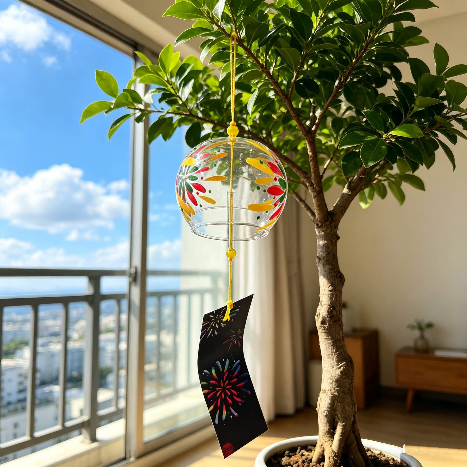 Acever fireworks hanabi glass wind chime X18 hanging on a tree near the window showing full length with multicolour fireworks burst globe and fireworks strip