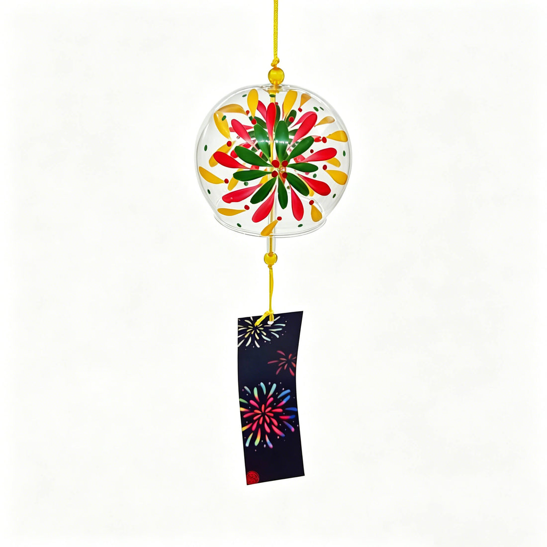 Product shot of Acever Japanese furin glass wind chime X18 with multicolour fireworks hanabi design on clear flat-rim globe and navy fireworks paper strip on white background