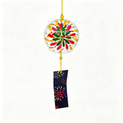 Product shot of Acever Japanese furin glass wind chime X18 with multicolour fireworks hanabi design on clear flat-rim globe and navy fireworks paper strip on white background