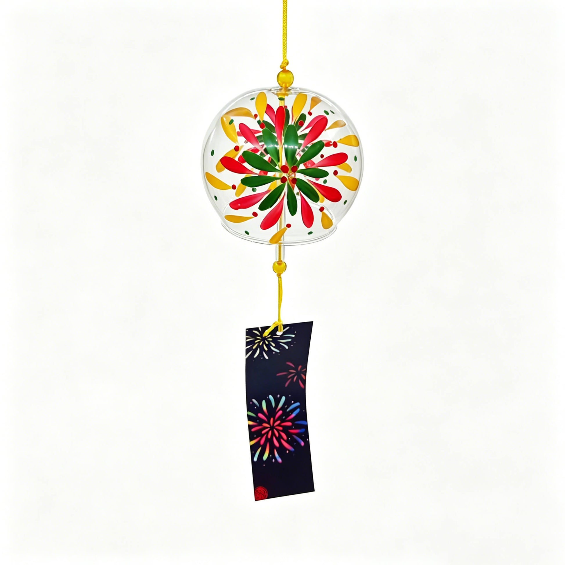 Product shot of Acever Japanese furin glass wind chime X18 with multicolour fireworks hanabi design on clear flat-rim globe and navy fireworks paper strip on white background