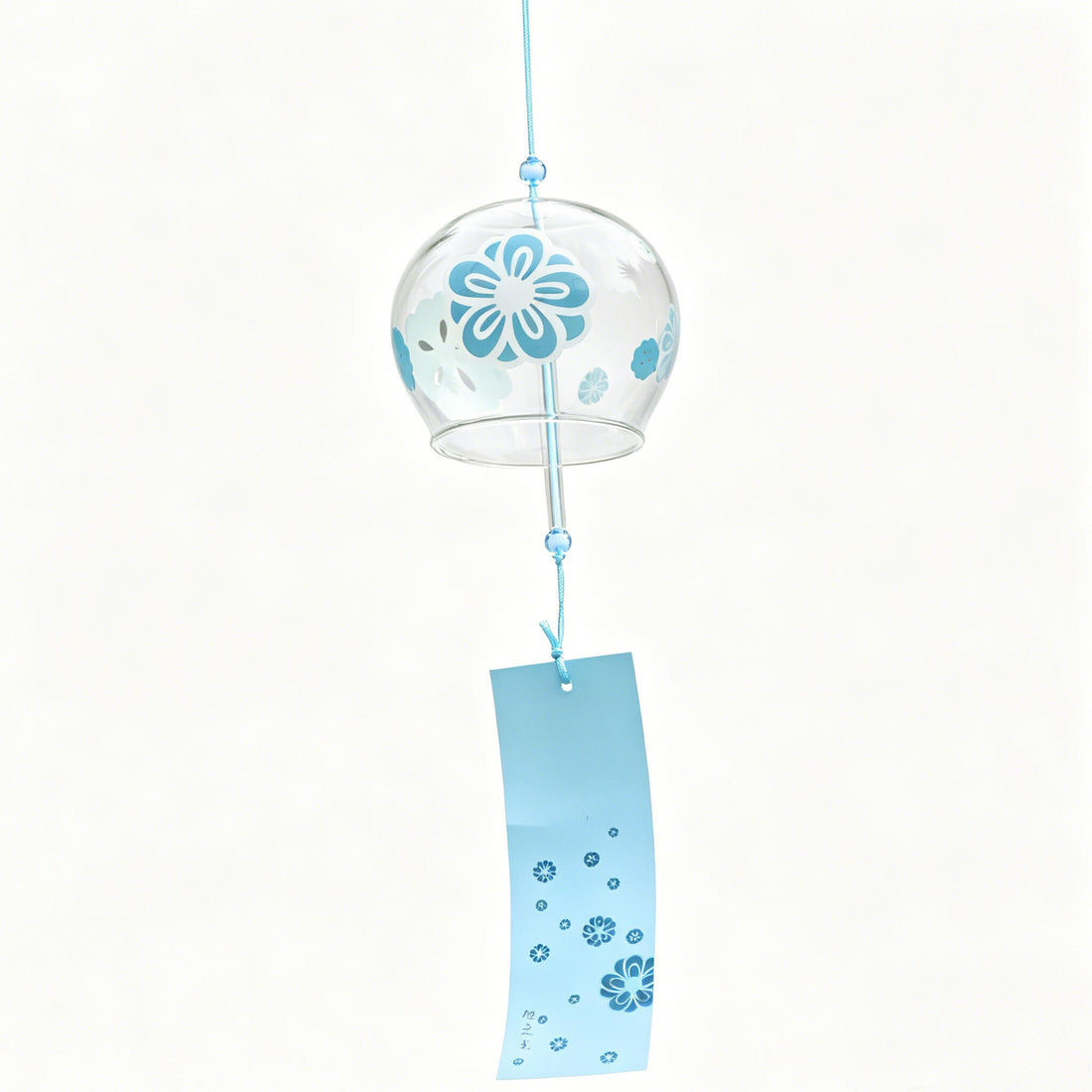 Product shot of Acever Japanese furin glass wind chime X19 with teal plum blossom ume design on clear flat-rim globe and sky-blue plum blossom paper strip on white background