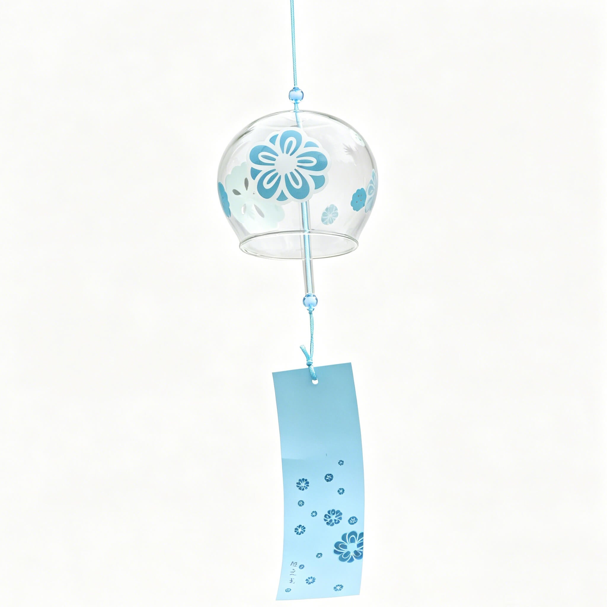 Product shot of Acever Japanese furin glass wind chime X19 with teal plum blossom ume design on clear flat-rim globe and sky-blue plum blossom paper strip on white background