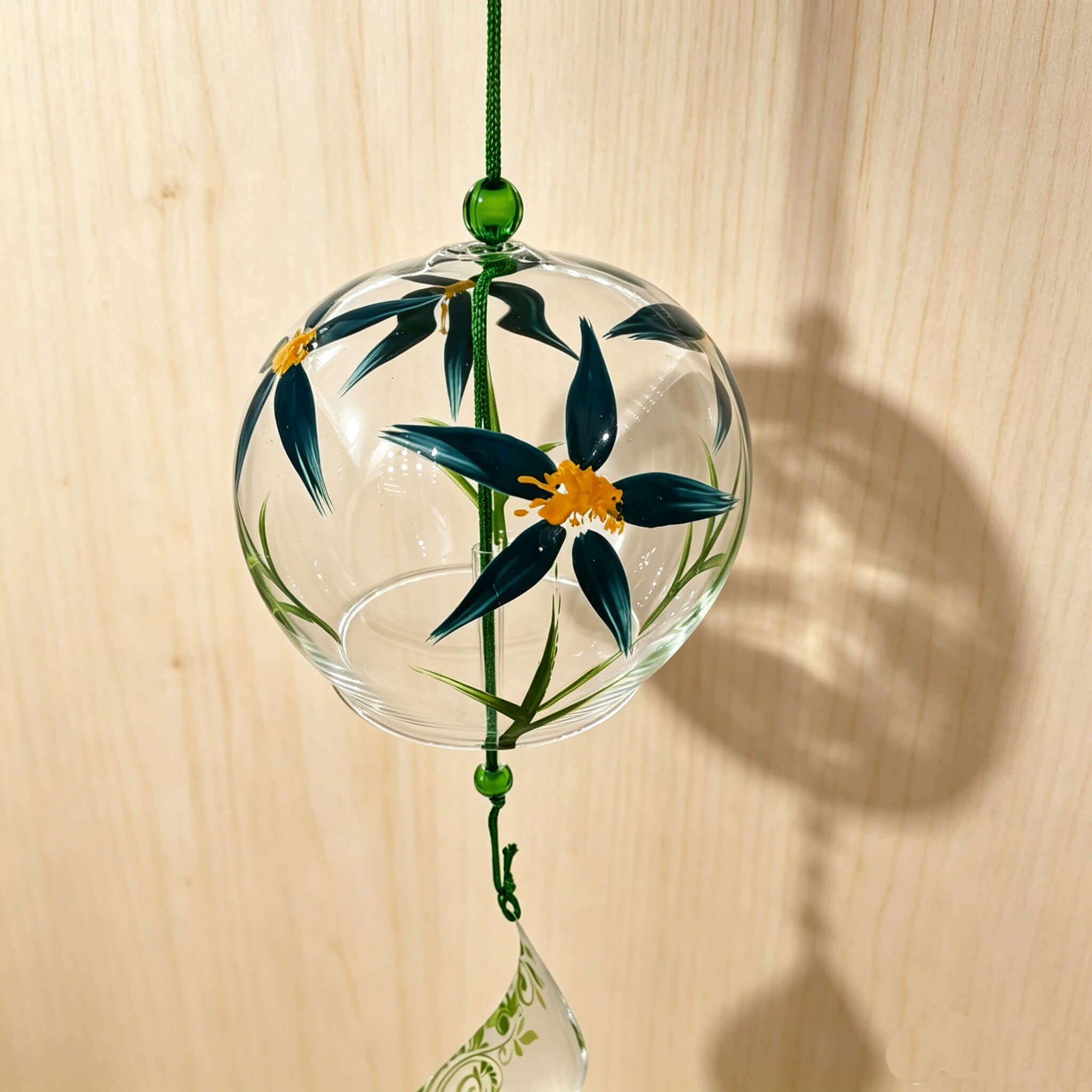 Close-up of Acever blue daisy glass wind chime X23 with plank wood background showing clear globe with blue daisy blossoms and white paper strip