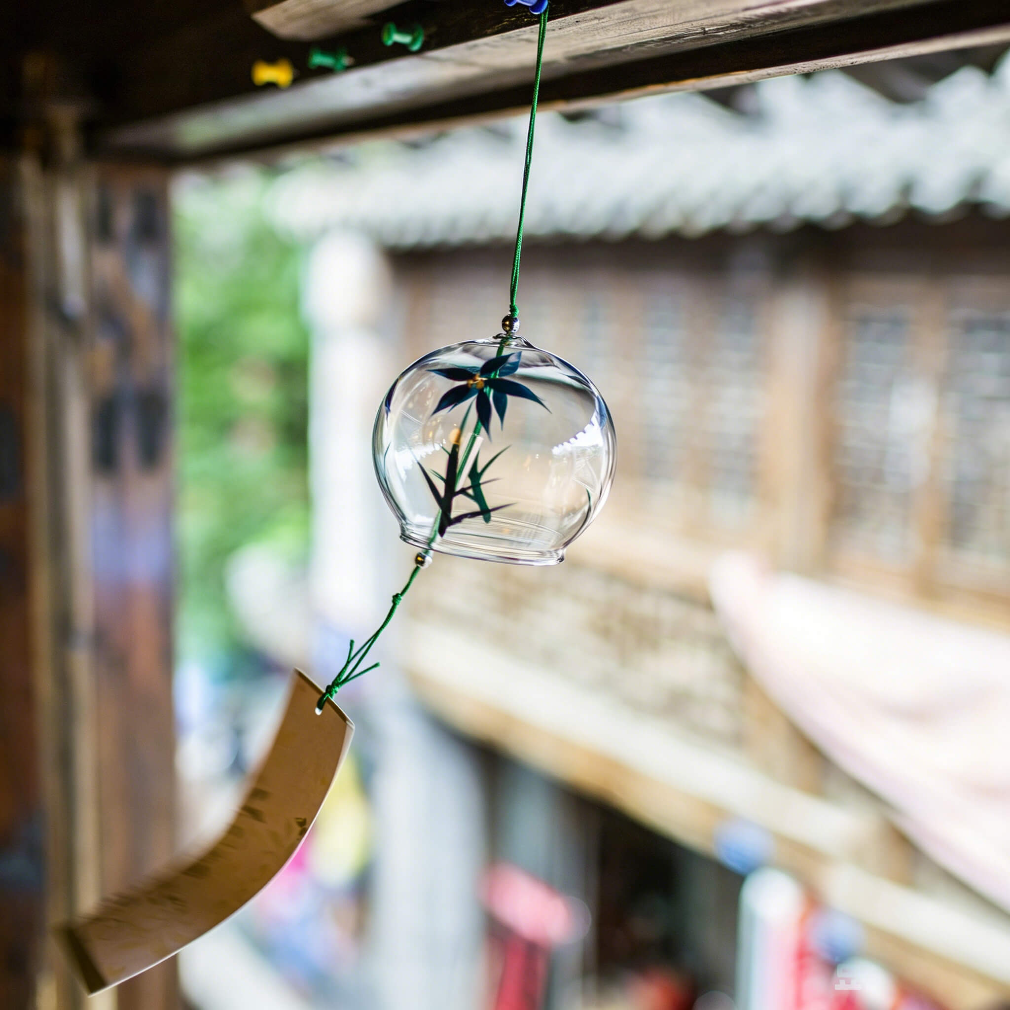 Acever blue daisy glass wind chime X23 hanging on traditional Japanese eave corridor in old street showing clear globe with blue daisy blossoms and white paper strip sway in breeze