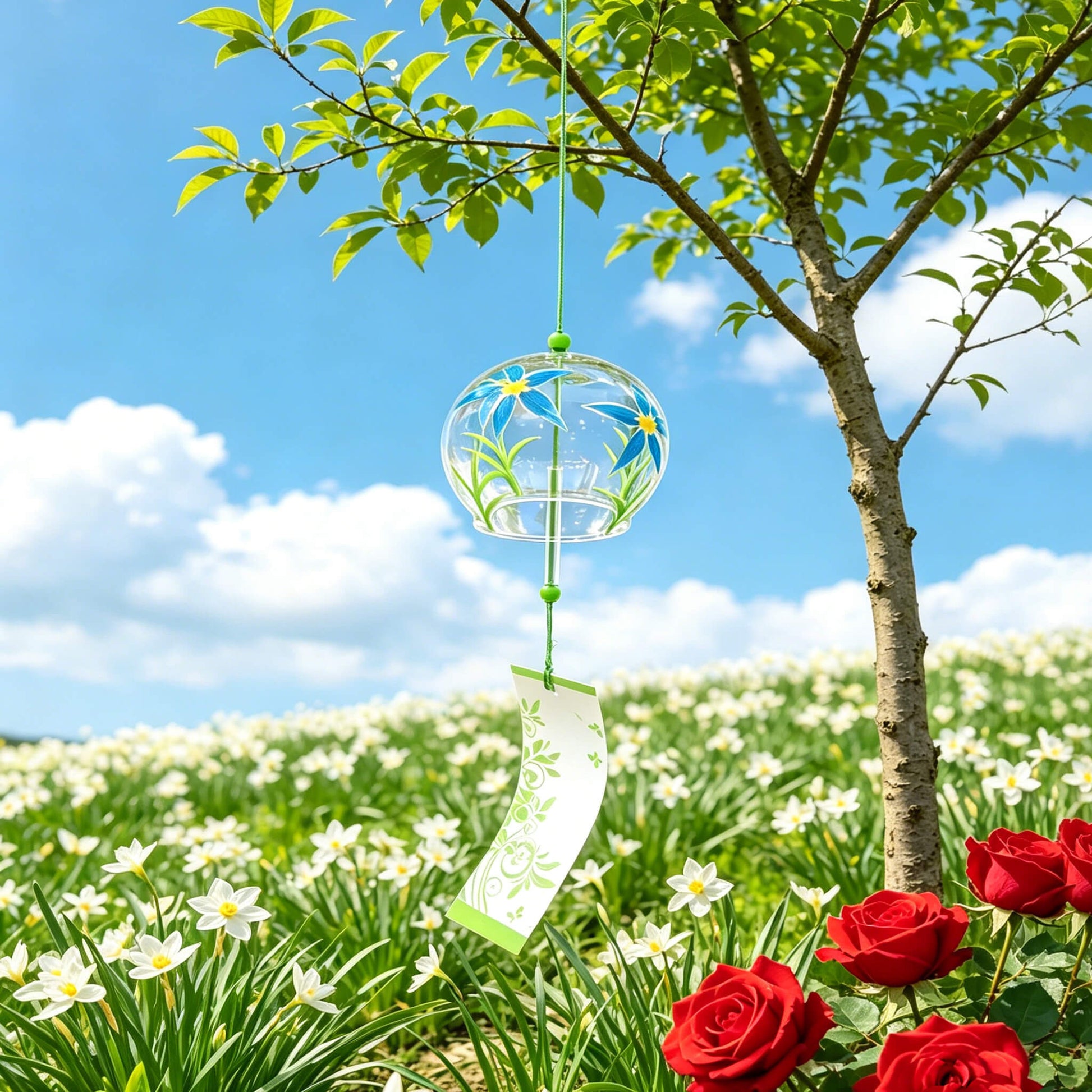Acever blue daisy glass wind chime X23 hanging from tree branch against blue sky and flower field showing clear globe with blue daisies and white green vine paper strip