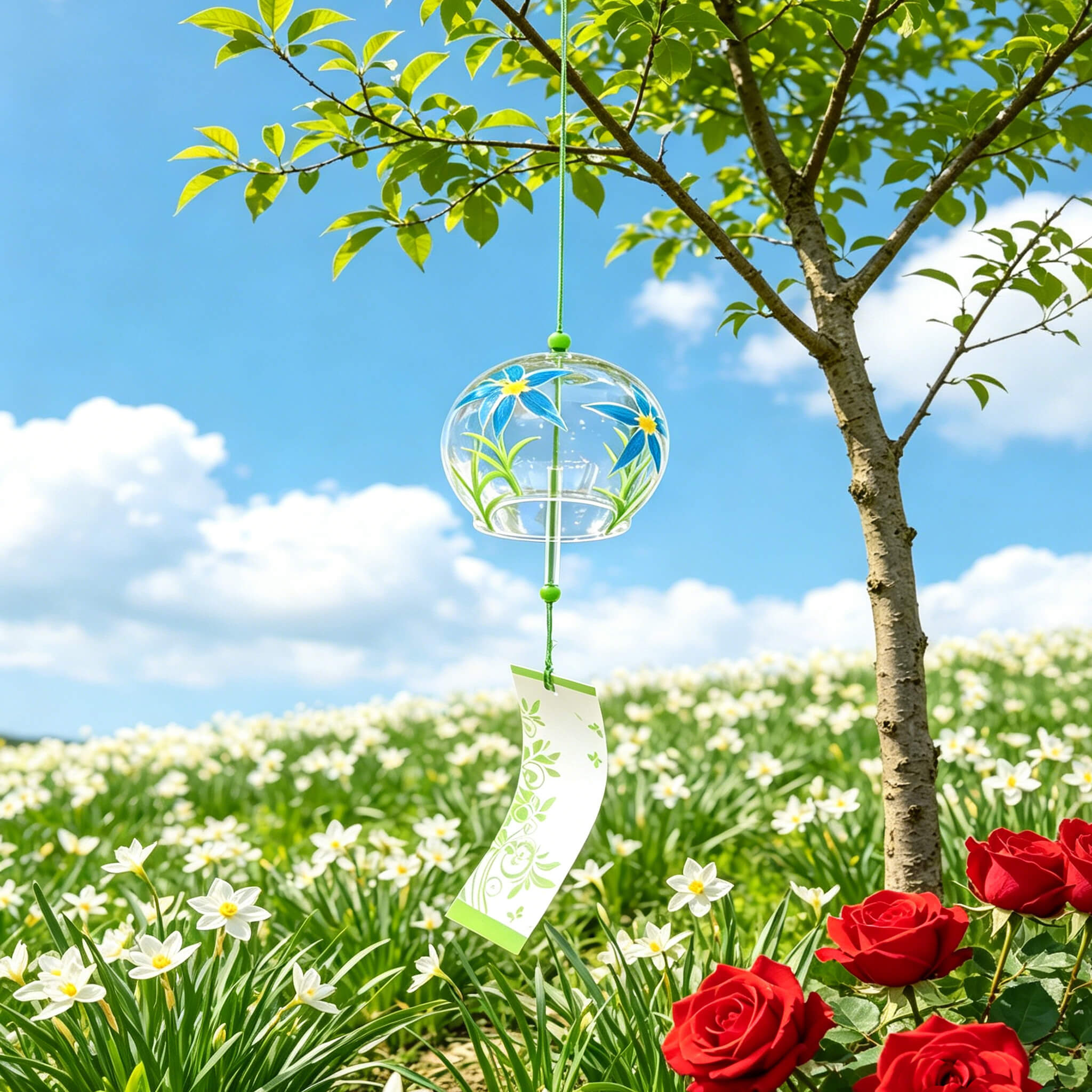 Acever blue daisy glass wind chime X23 hanging from tree branch against blue sky and flower field showing clear globe with blue daisies and white green vine paper strip