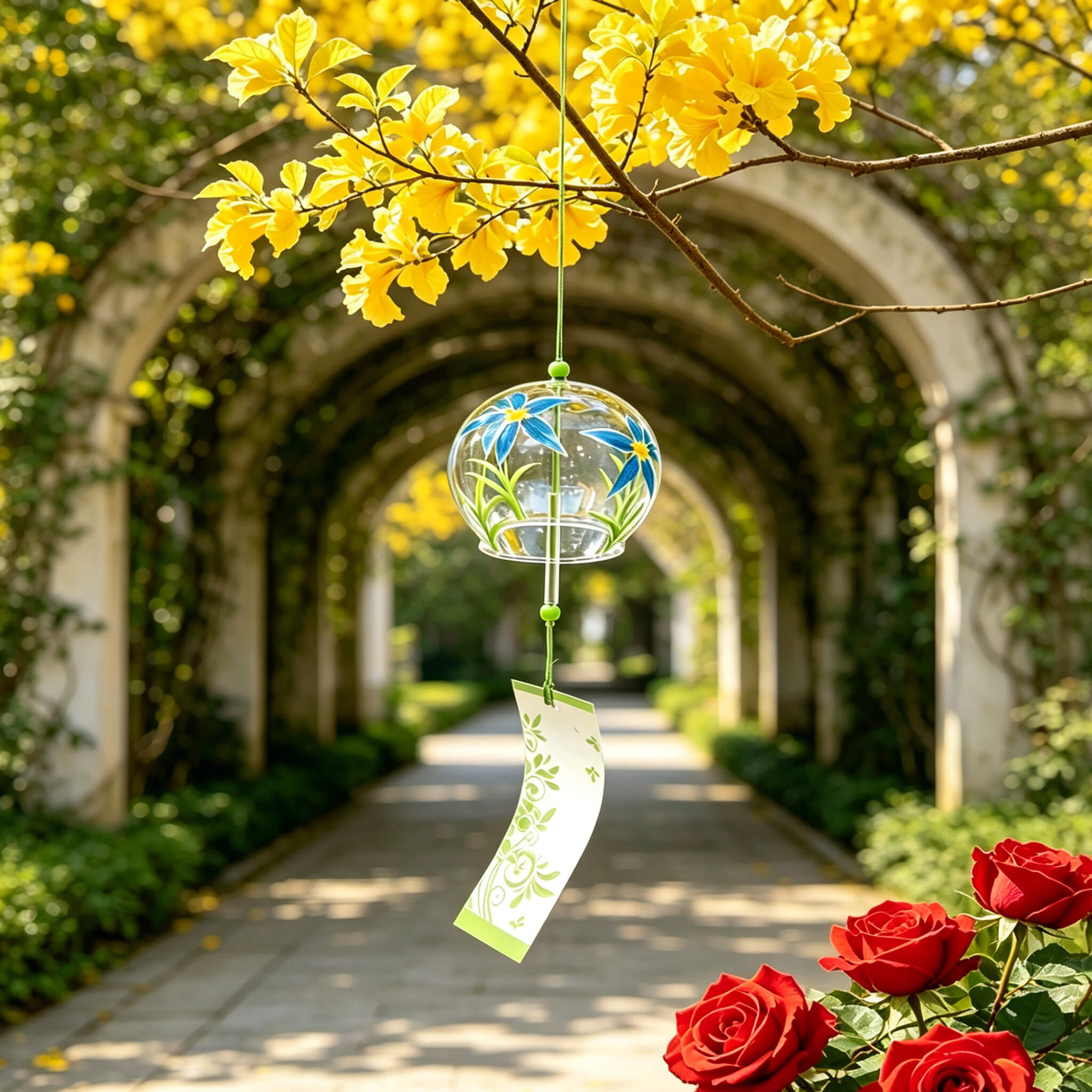 Acever blue daisy glass wind chime X23 hanging from tree in garden archway showing full length with blue daisy globe and white green vine scroll paper strip