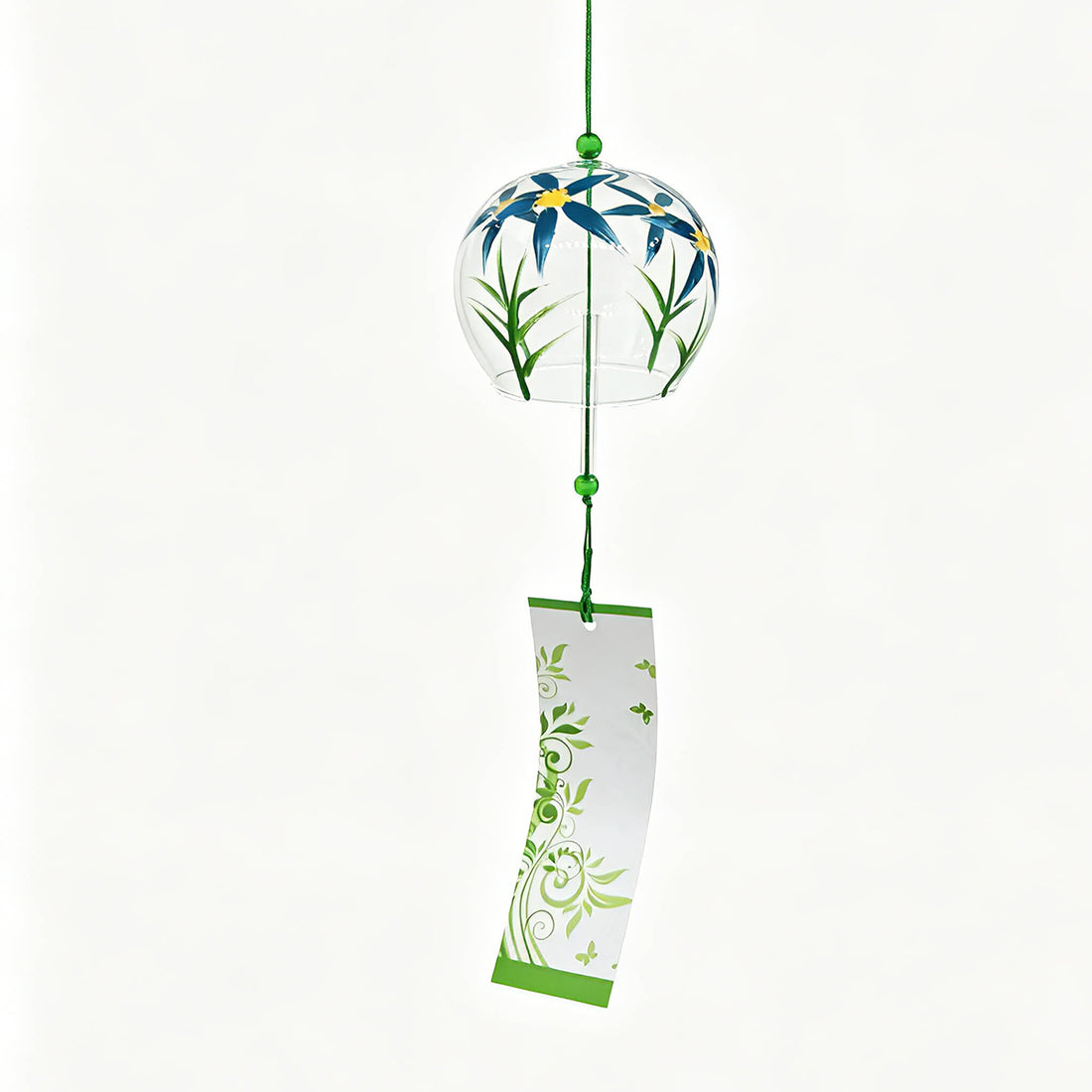 Main product shot of Acever Japanese furin glass wind chime X23 with blue daisy blossoms on clear globe and white paper strip with green vine scroll pattern on white background