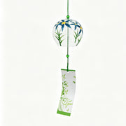 Main product shot of Acever Japanese furin glass wind chime X23 with blue daisy blossoms on clear globe and white paper strip with green vine scroll pattern on white background