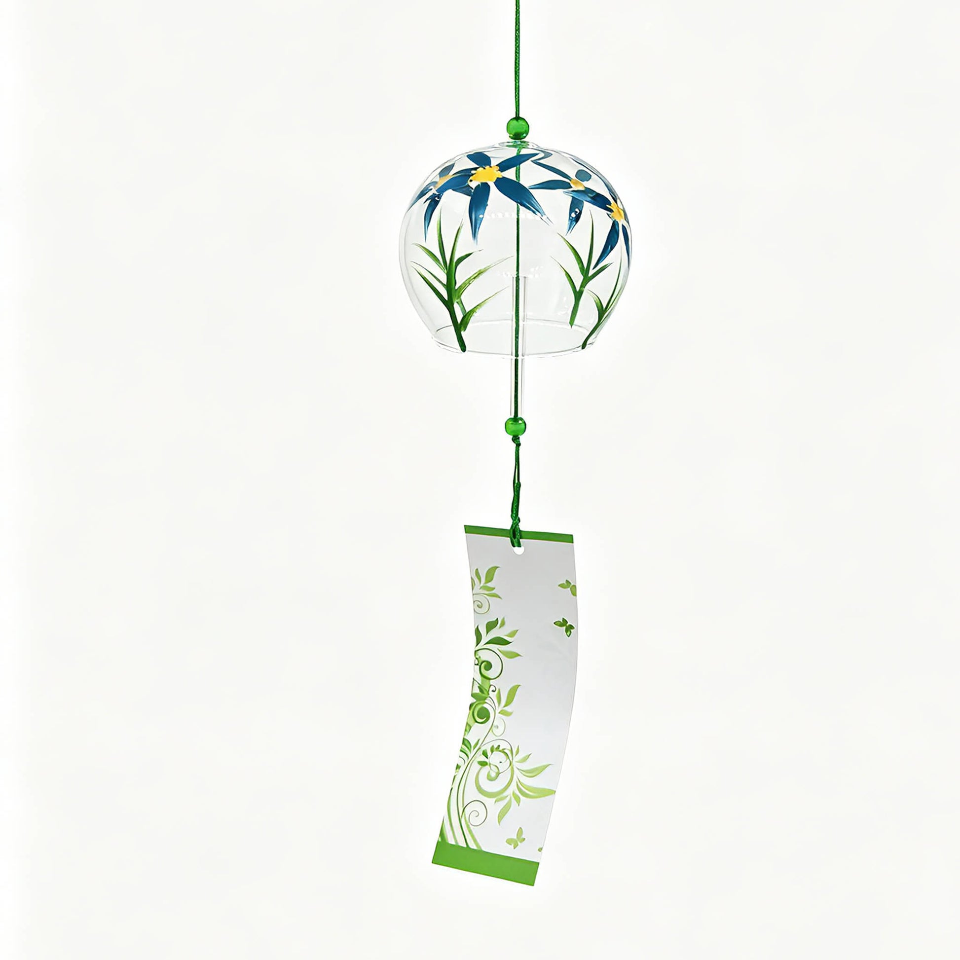 Main product shot of Acever Japanese furin glass wind chime X23 with blue daisy blossoms on clear globe and white paper strip with green vine scroll pattern on white background