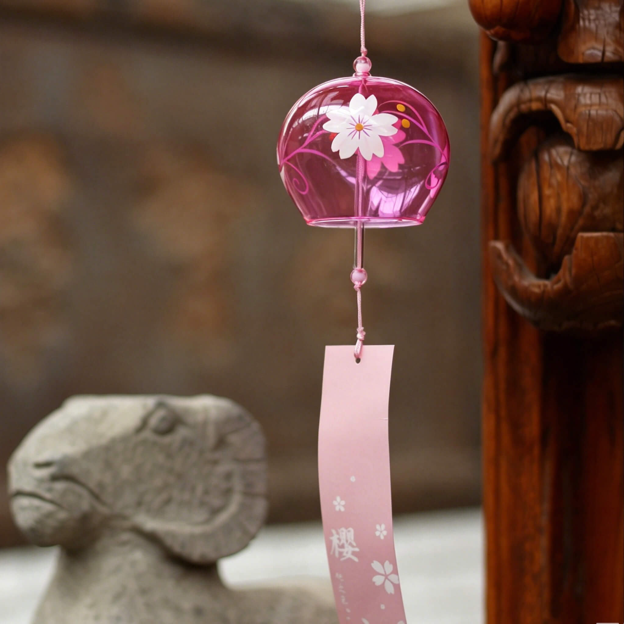 Acever pink sakura glass wind chime X25 hanging next to traditional carved wooden pillar with stone lion showing rose-tinted globe with white sakura design and pink paper strip with 桜 kanji