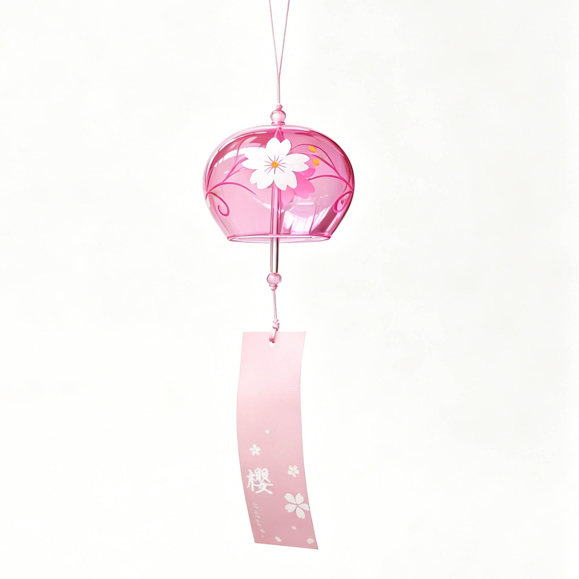 Main product shot of Acever Japanese furin glass wind chime X25 on white background showing rose-tinted globe with white sakura blossoms and pink paper strip with 桜 kanji