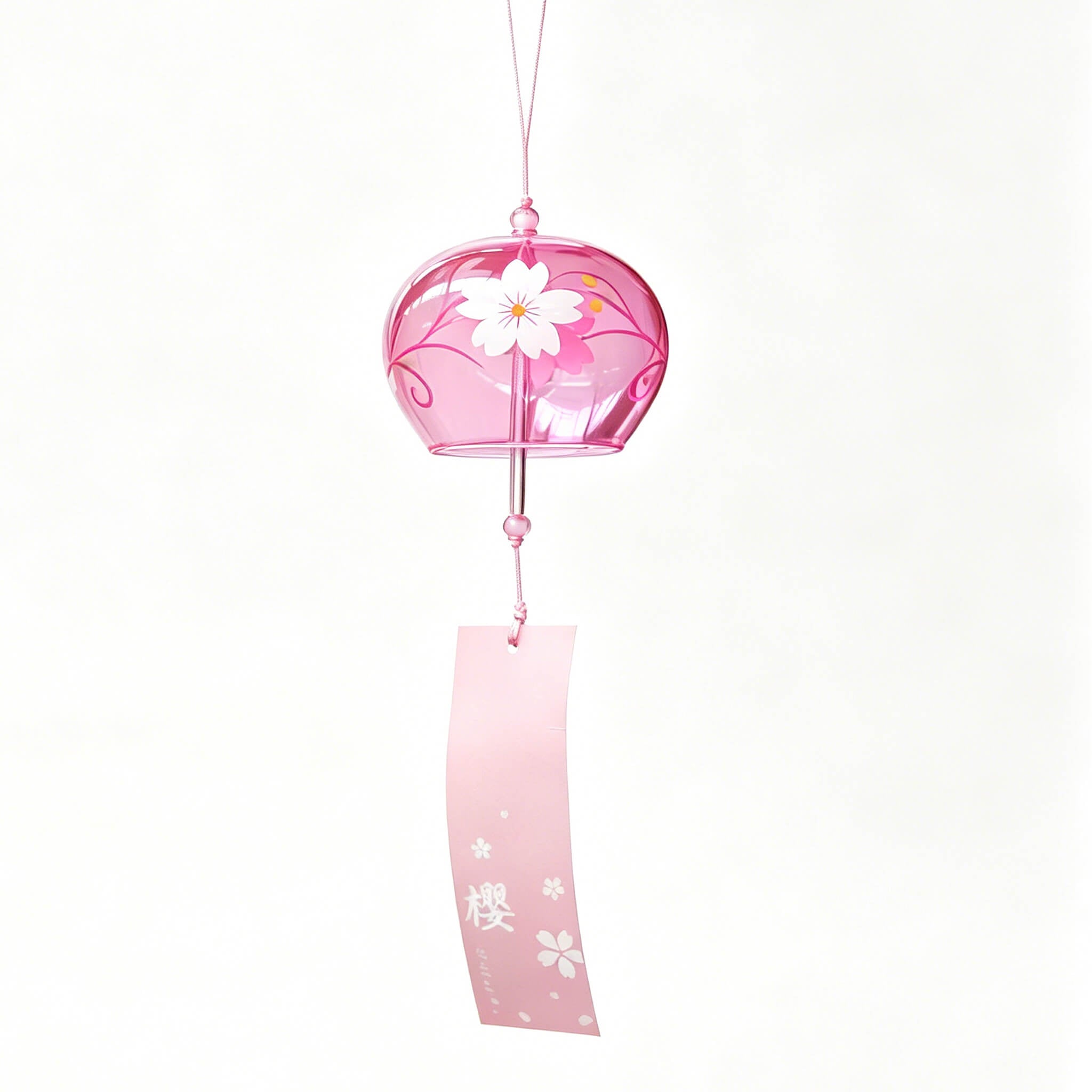 Main product shot of Acever Japanese furin glass wind chime X25 on white background showing rose-tinted globe with white sakura blossoms and pink paper strip with 桜 kanji
