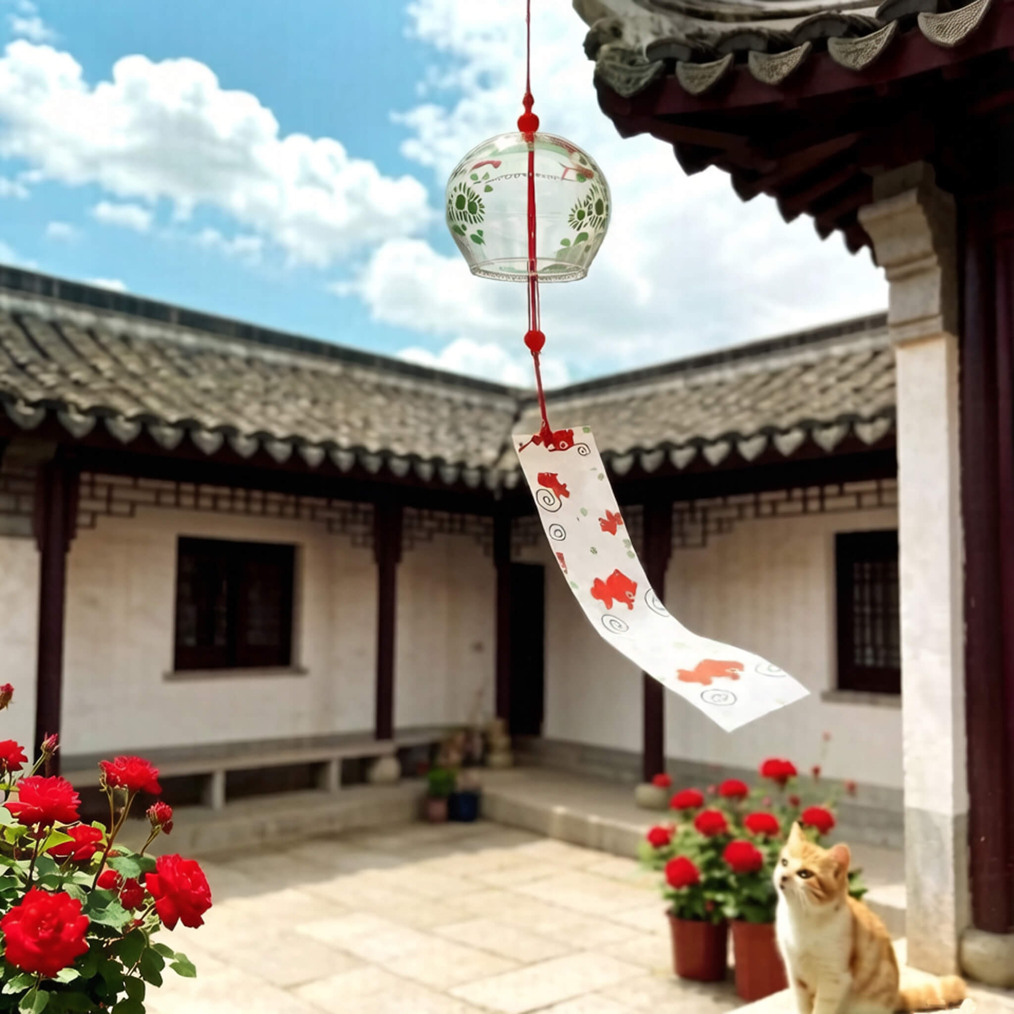 Acever red goldfish glass wind chime X27 hanging in Chinese courtyard with red roses and cat showing clear globe with red kingyo fish and white goldfish paper strip swaying in breeze
