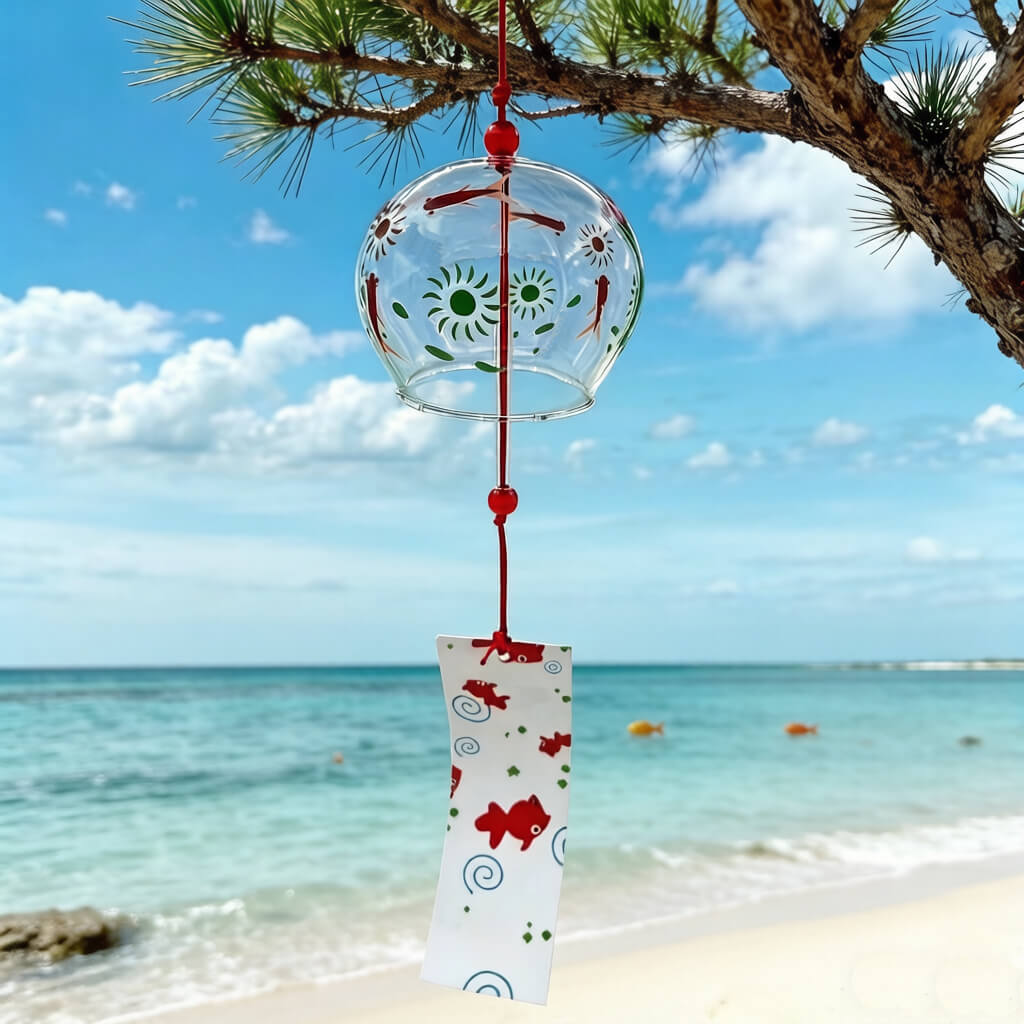Acever red goldfish glass wind chime X27 hanging from pine tree branch against blue ocean and sky showing clear globe with red kingyo design and white goldfish paper strip