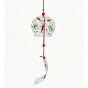 Acever red goldfish glass wind chime X27 hanging on white background showing full length with clear globe with red kingyo and green chrysanthemum design and white paper strip with red goldfish and blue water swirls