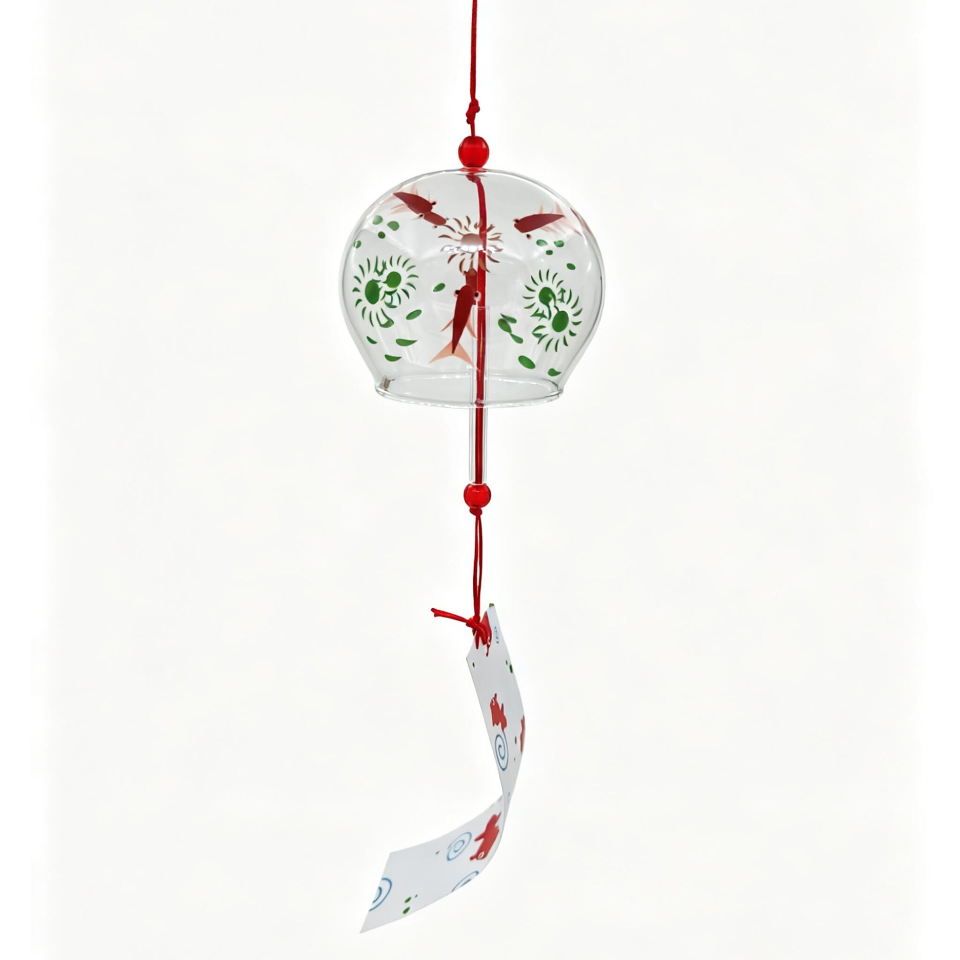 Acever red goldfish glass wind chime X27 hanging on white background showing full length with clear globe with red kingyo and green chrysanthemum design and white paper strip with red goldfish and blue water swirls