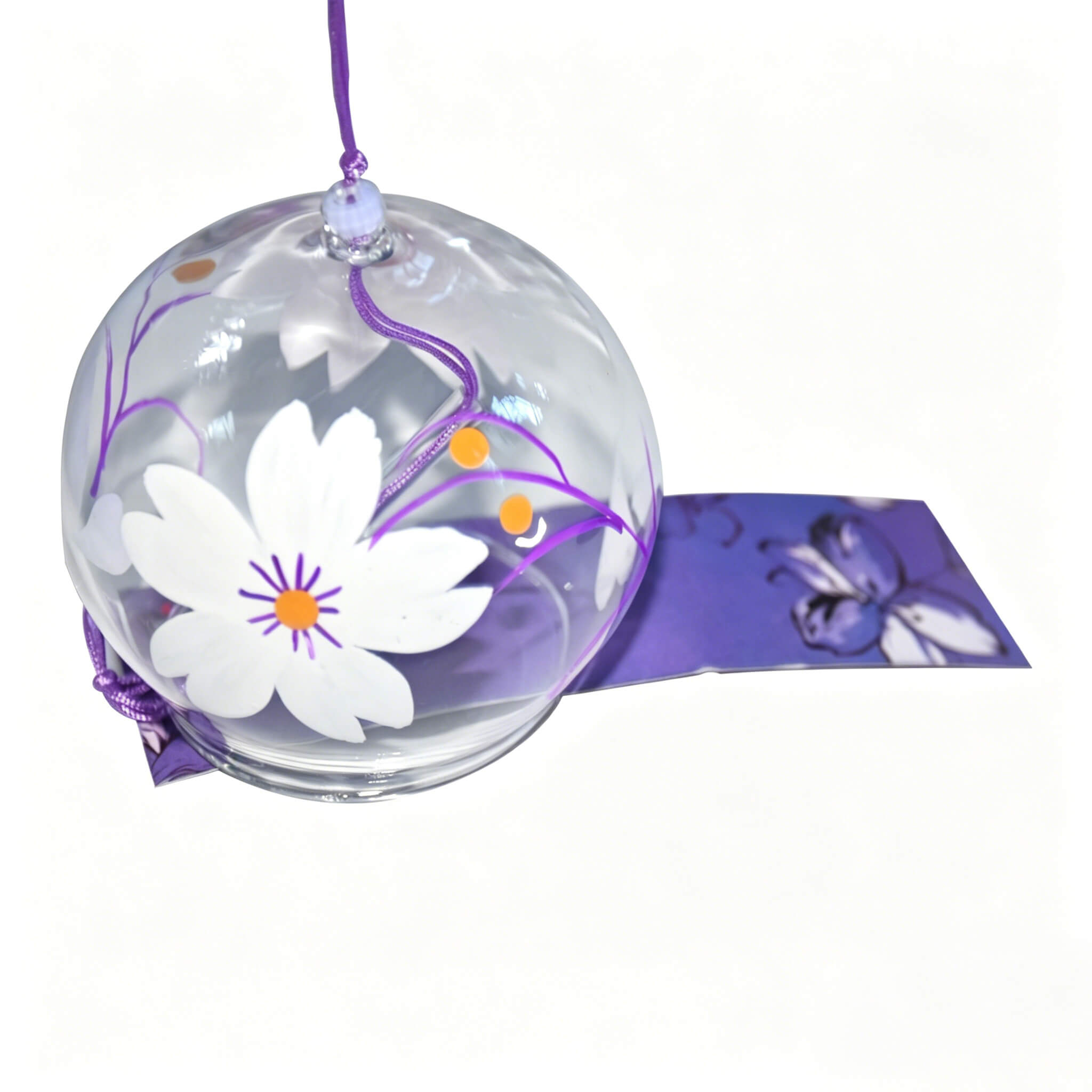 Close-up of Acever white magnolia pink vine glass wind chime X28 showing clear globe with large white magnolia petals, magenta vine scrolls, pink starburst daisies, and purple cord with crystal bead