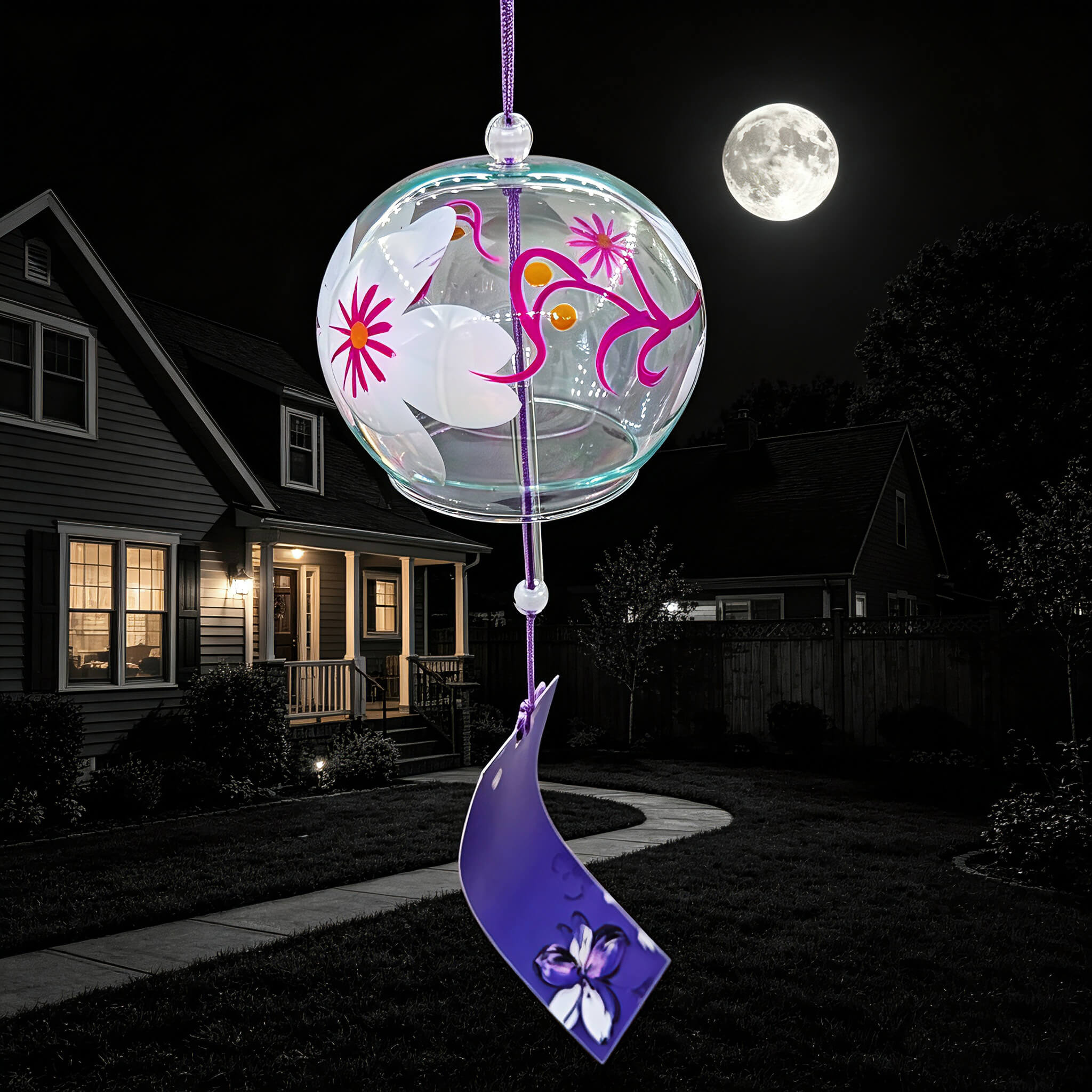 Acever white magnolia pink vine glass wind chime X28 hanging against full moon night sky with suburban house showing clear globe with white blossoms and magenta vine scrolls