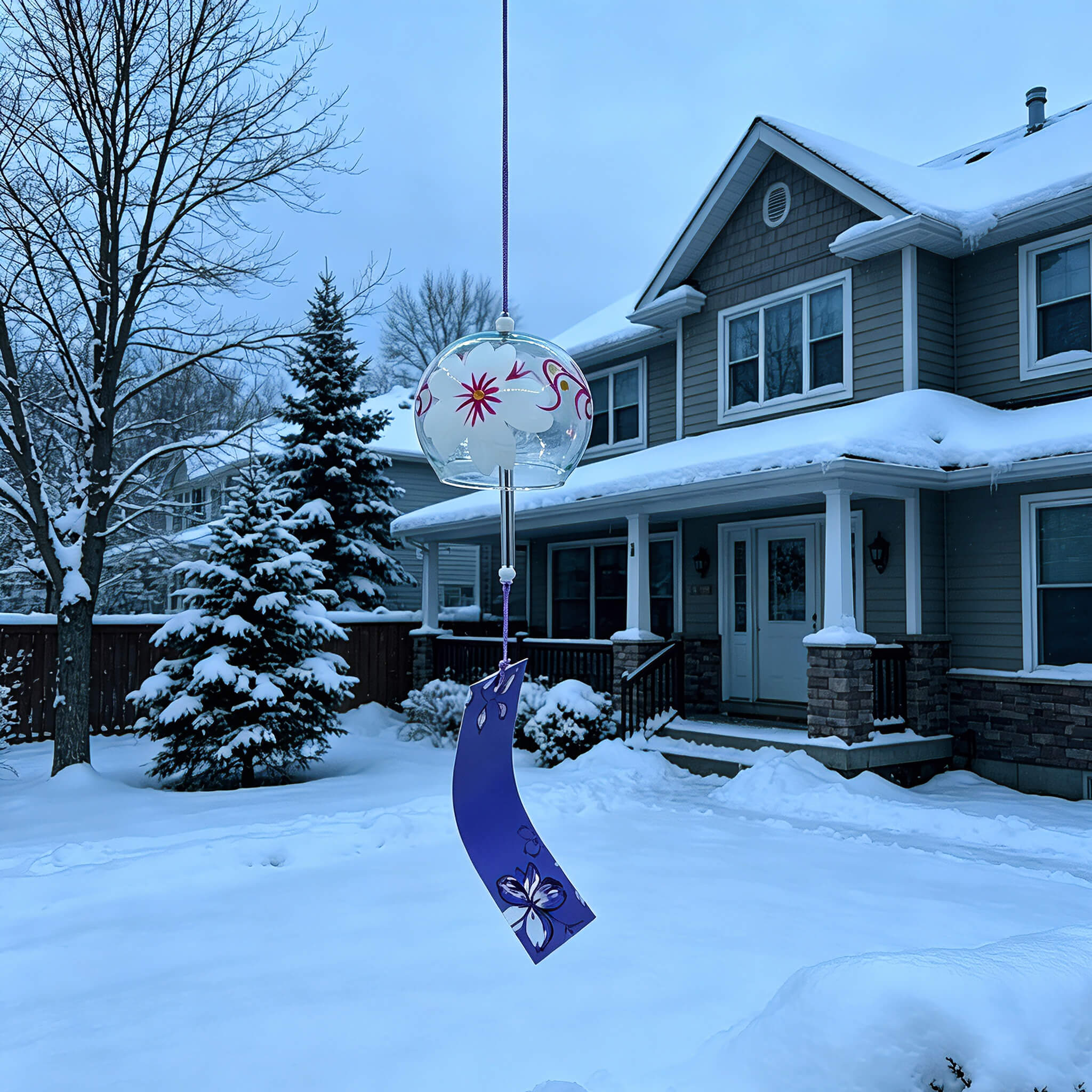 Acever white magnolia pink vine glass wind chime X28 hanging outdoors in snowy suburban front yard at dusk showing clear globe with white blossoms and deep violet curved paper strip