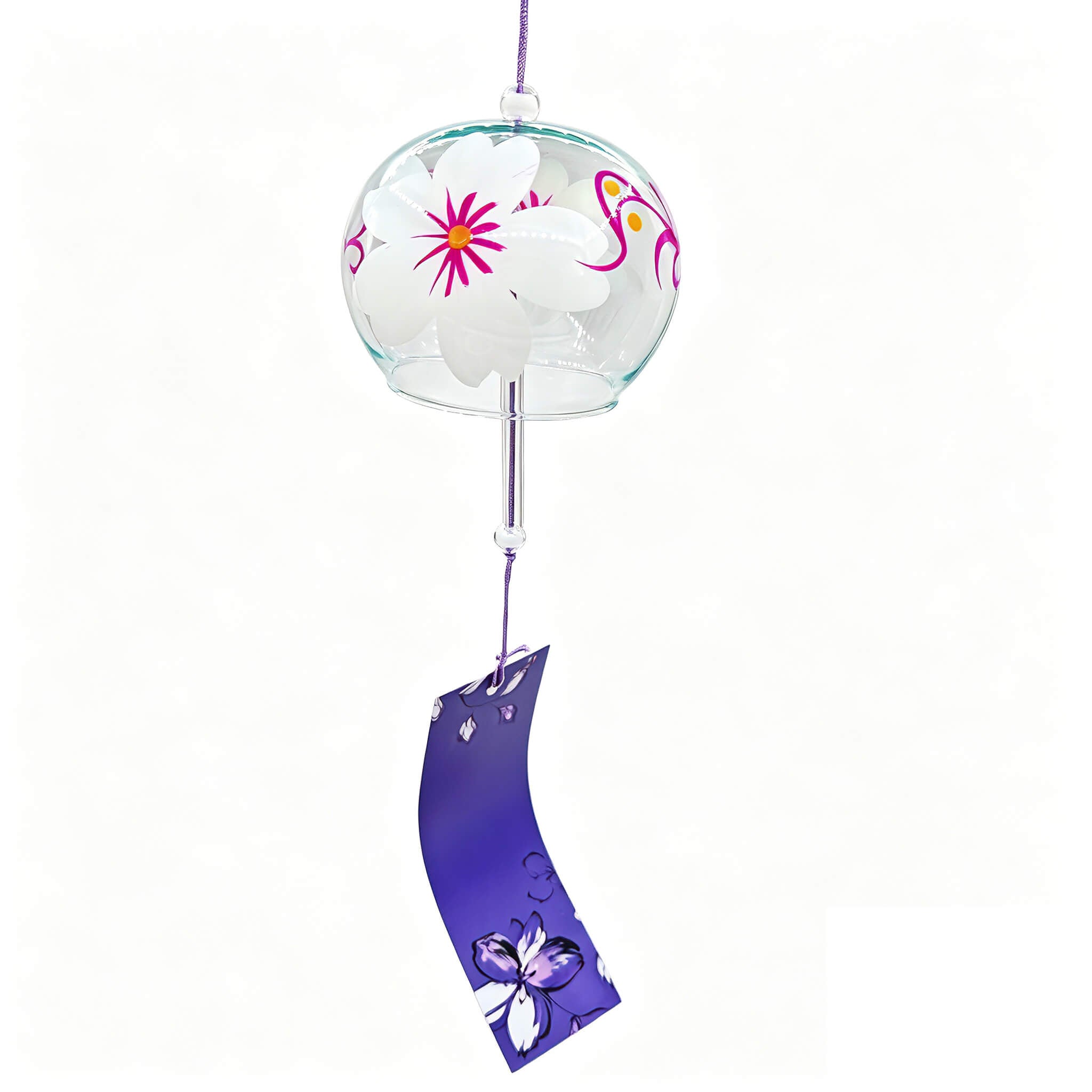 Main product shot of Acever Japanese furin glass wind chime X28 on white background showing clear globe with white magnolia blossoms and magenta vine scrolls with deep violet iris paper strip