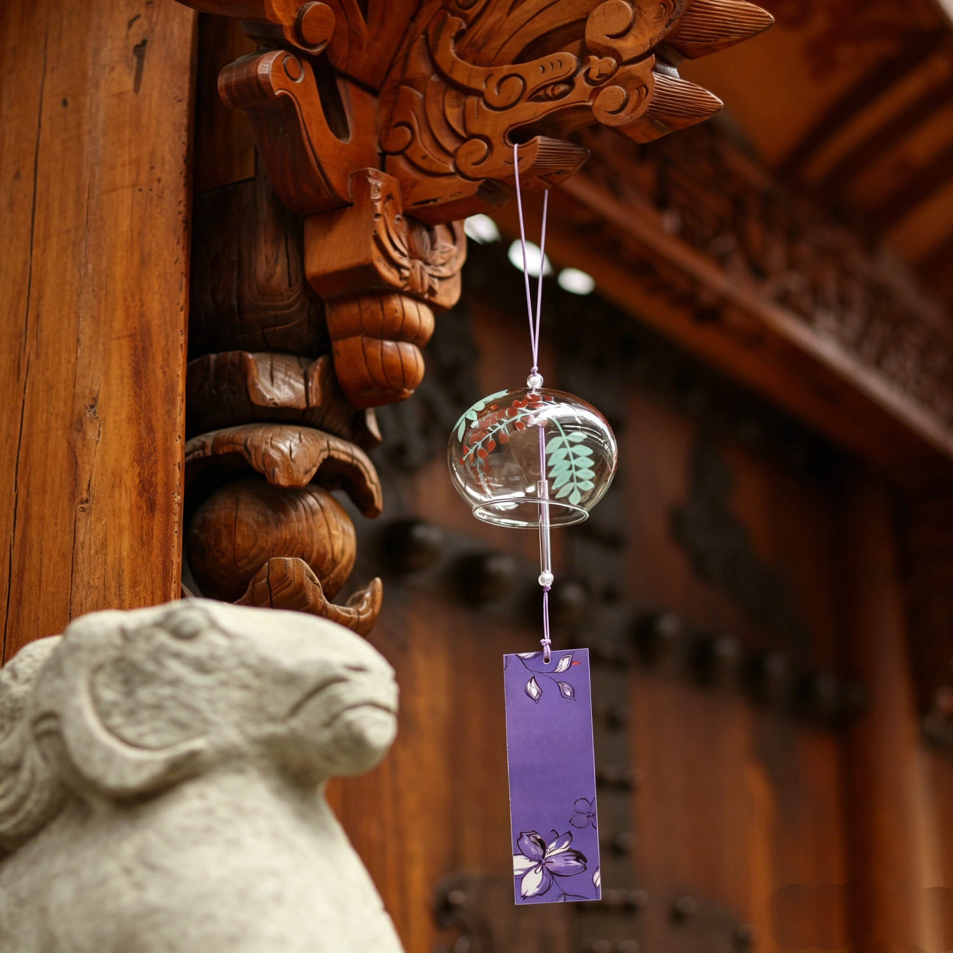 Acever purple wisteria glass wind chime X30 hanging from traditional Chinese temple carved wooden pillar with stone ram sculpture