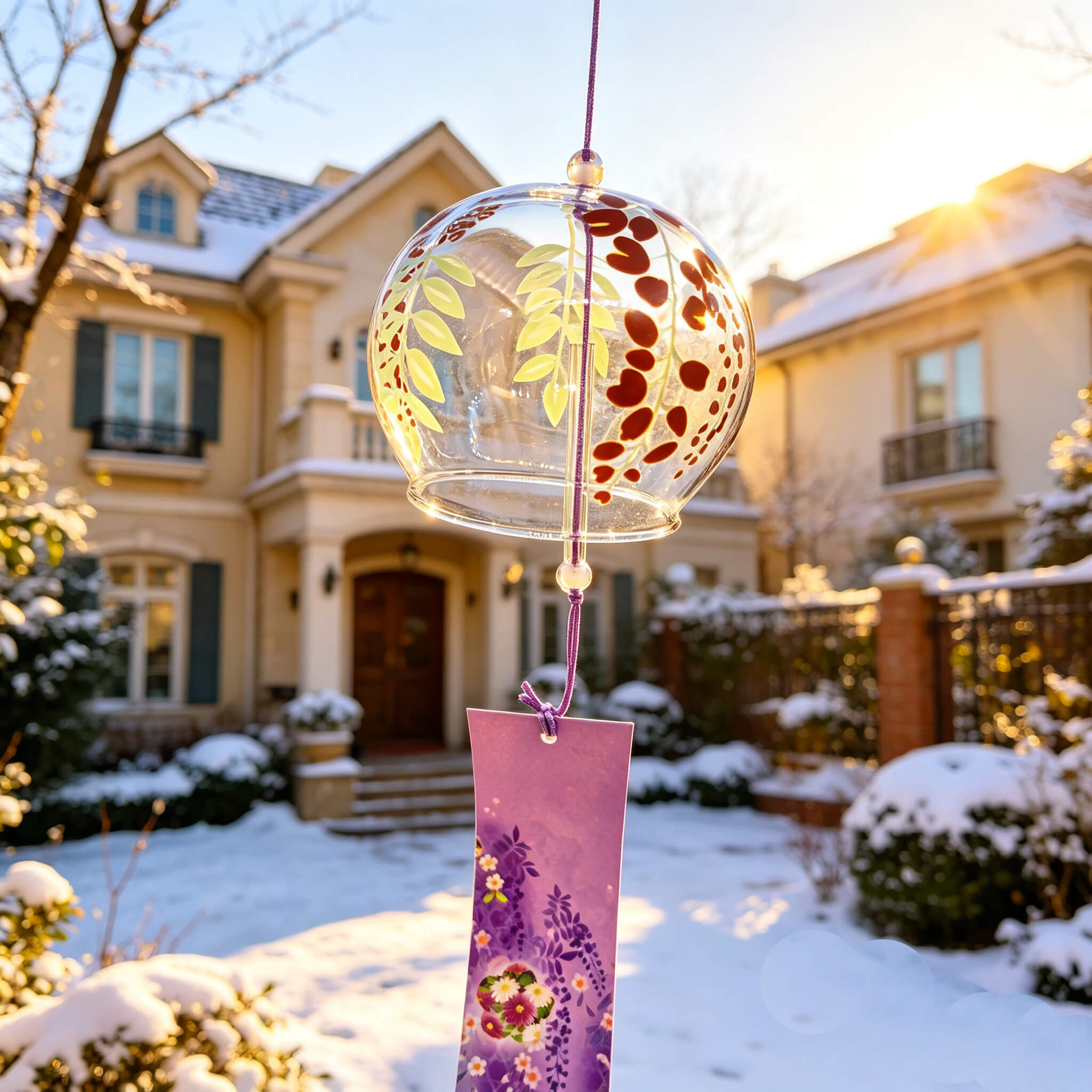 Acever purple wisteria glass wind chime X30 hanging outdoors in snowy suburban front yard at golden hour showing clear globe with wisteria design and lavender floral paper strip