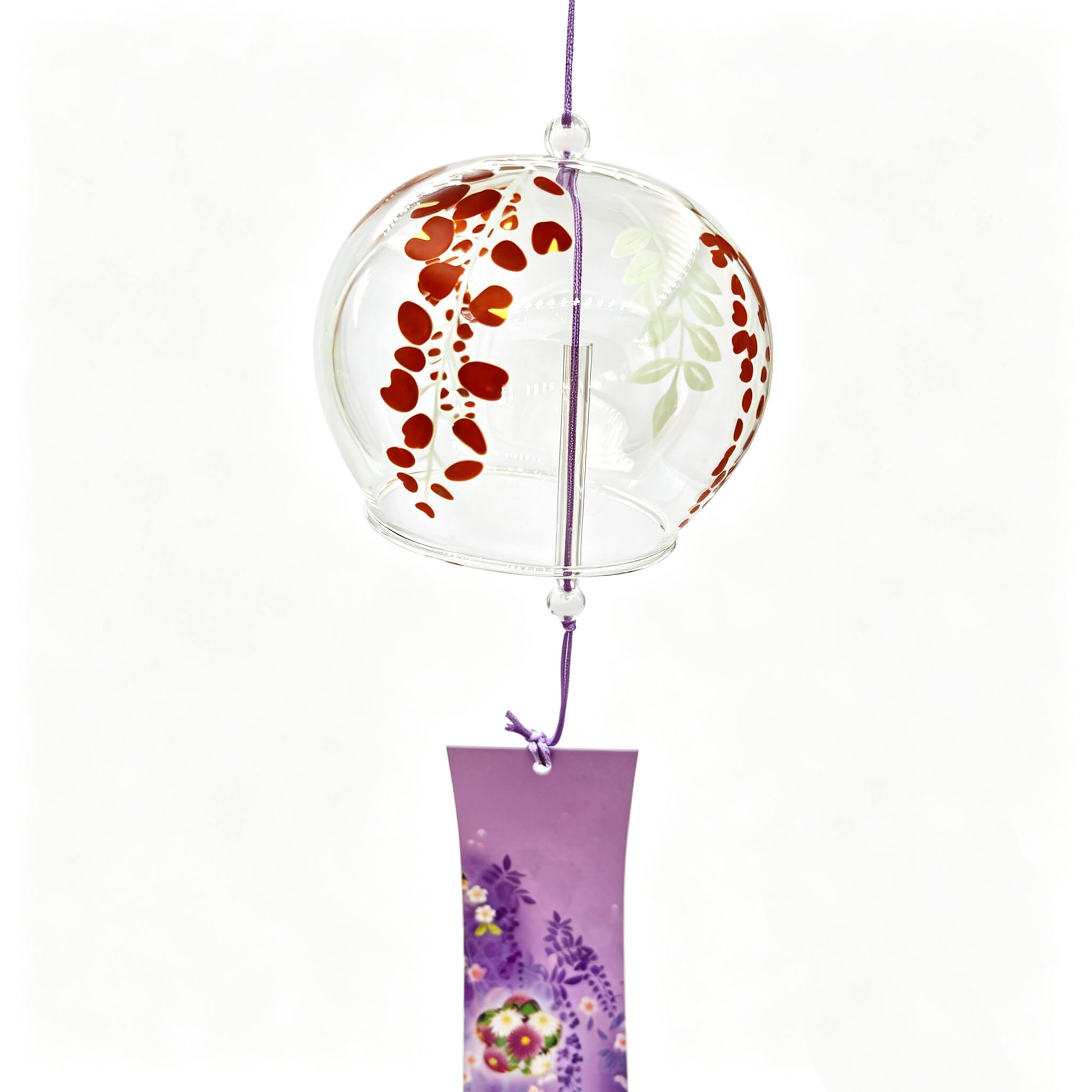 Close-up of Acever purple wisteria glass wind chime X30 on white background showing clear globe with cascading burgundy wisteria petal clusters and lavender paper strip with purple wisteria and floral wreath