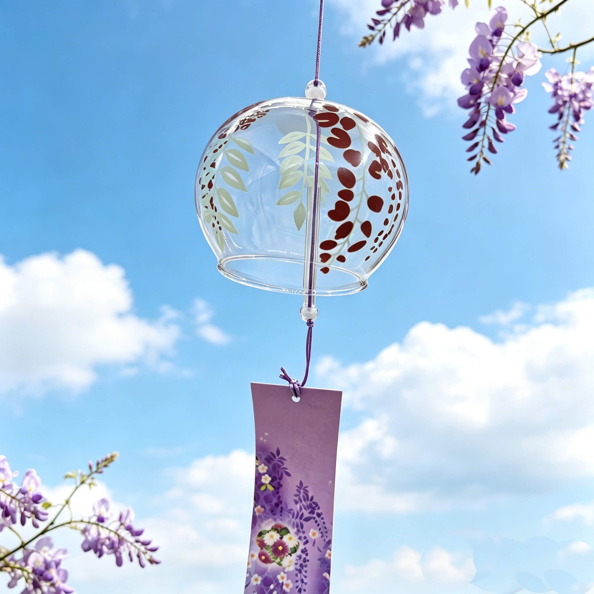 Acever purple wisteria glass wind chime X30 hanging against blue sky with real purple wisteria flowers above showing clear globe with burgundy wisteria design and lavender floral paper strip