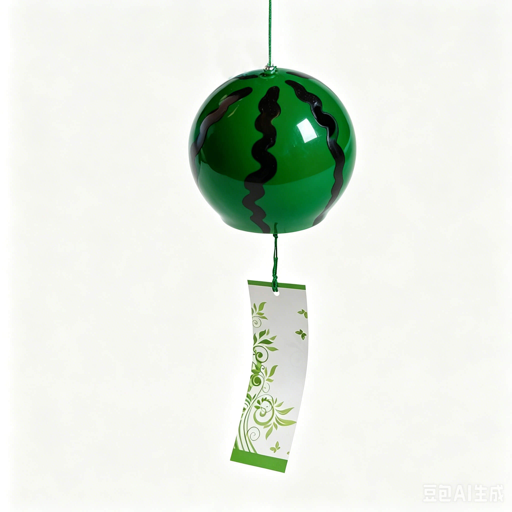 Main product shot of Acever Japanese furin glass wind chime X31 on off-white background showing deep green watermelon globe with black wavy stripes and white paper strip with green botanical vine scroll and butterflies