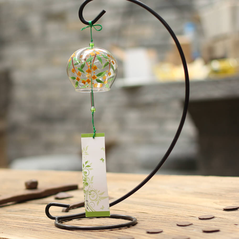 Acever Japanese Furin Glass Wind Chime – Yellow Flower & Green Leaf | Edo Style Wind Bell