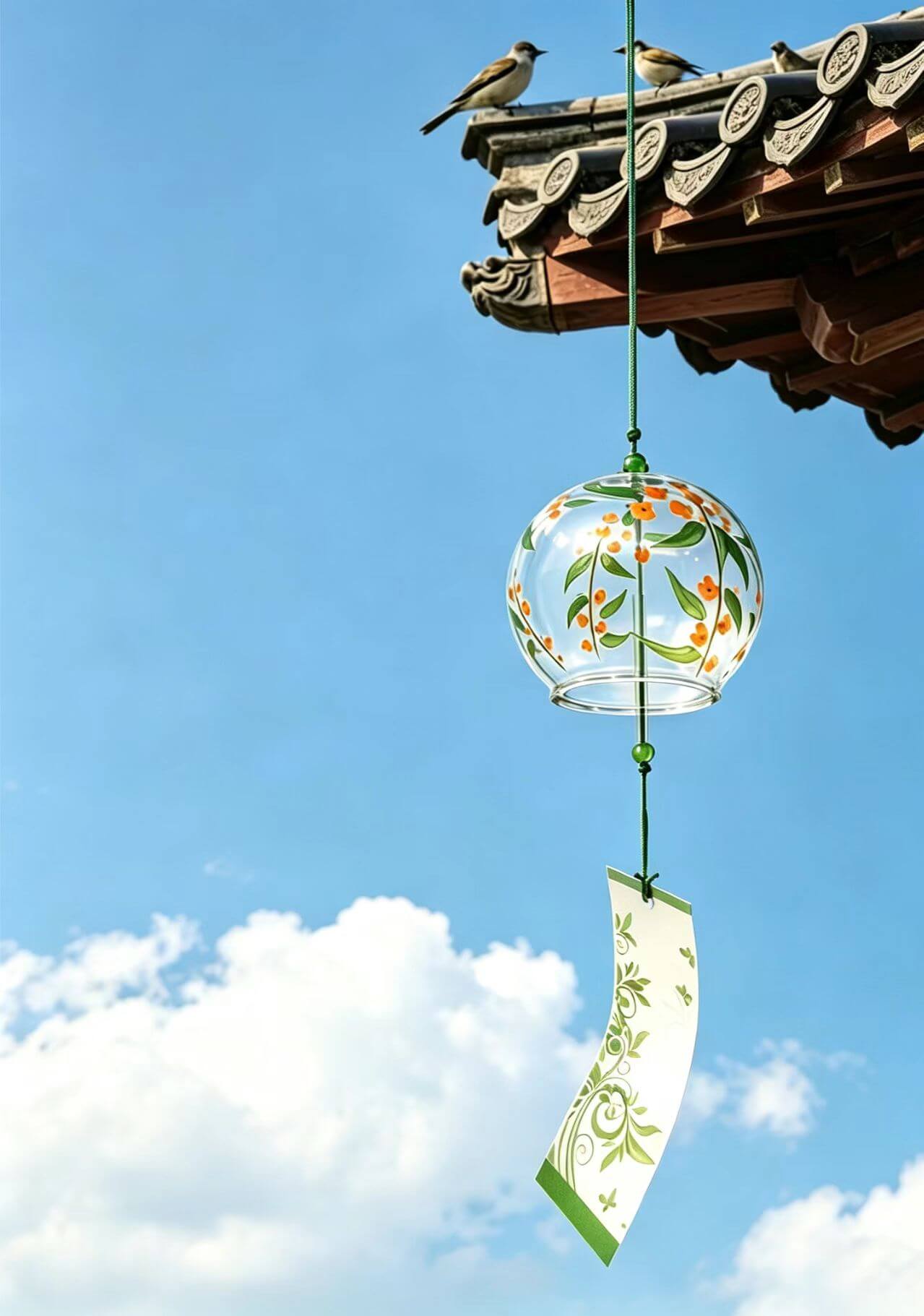Acever Japanese Furin Glass Wind Chime – Yellow Flower & Green Leaf | Edo Style Wind Bell