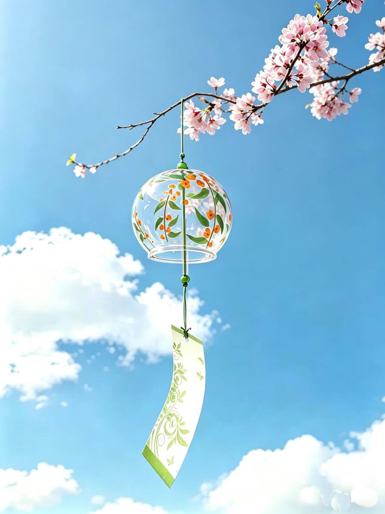 Acever Japanese Furin Glass Wind Chime – Yellow Flower & Green Leaf | Edo Style Wind Bell