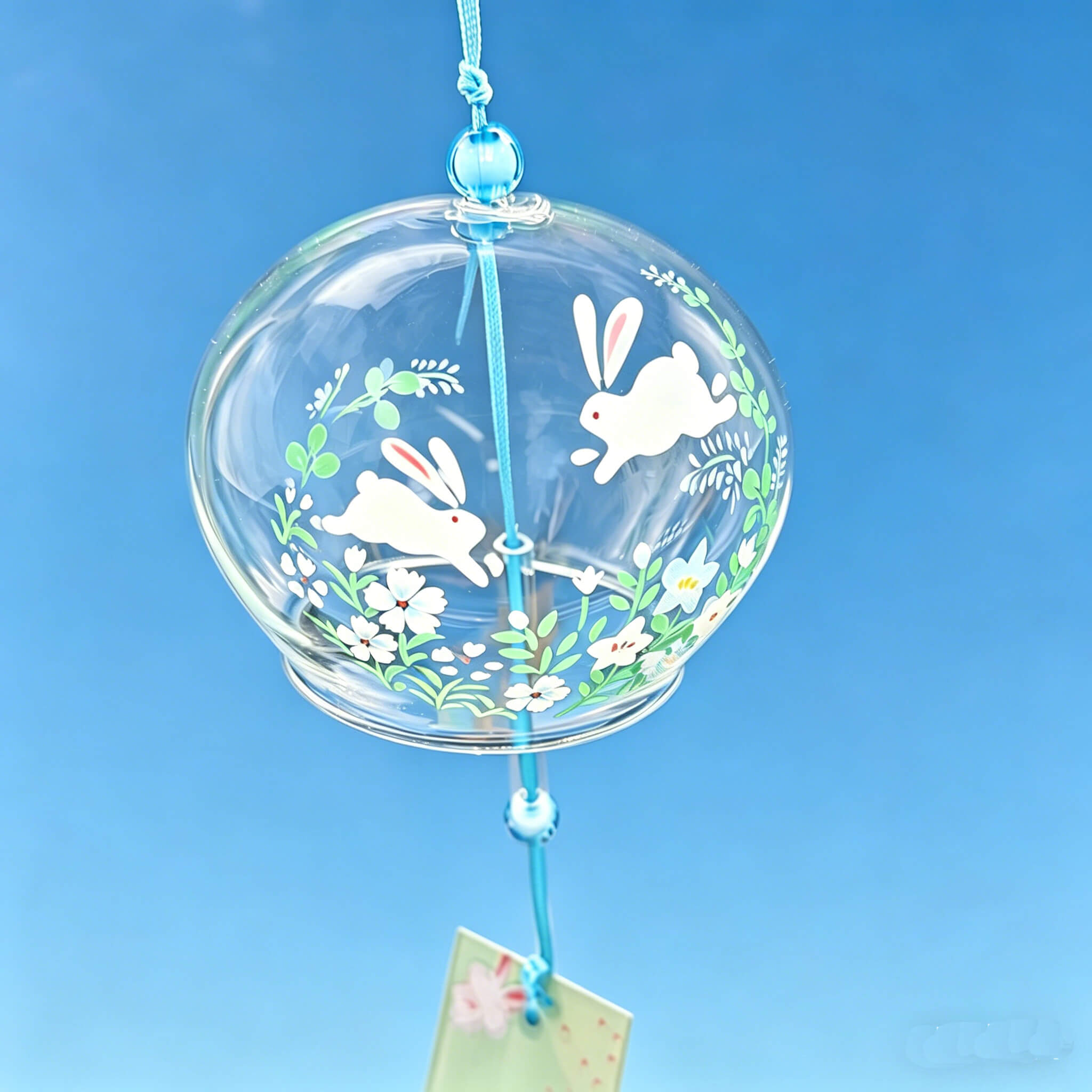 Acever Japanese Furin Glass Wind Chime – White Rabbit & Flower Garden | Edo Style Wind Bell
