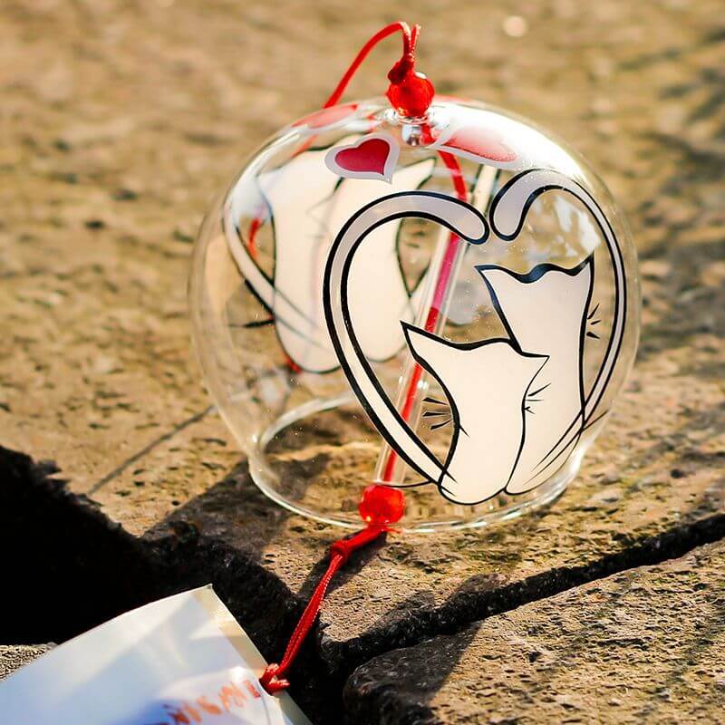 Acever Japanese Furin Glass Wind Chime – Cats in Love & Red Heart | Edo Style Wind Bell