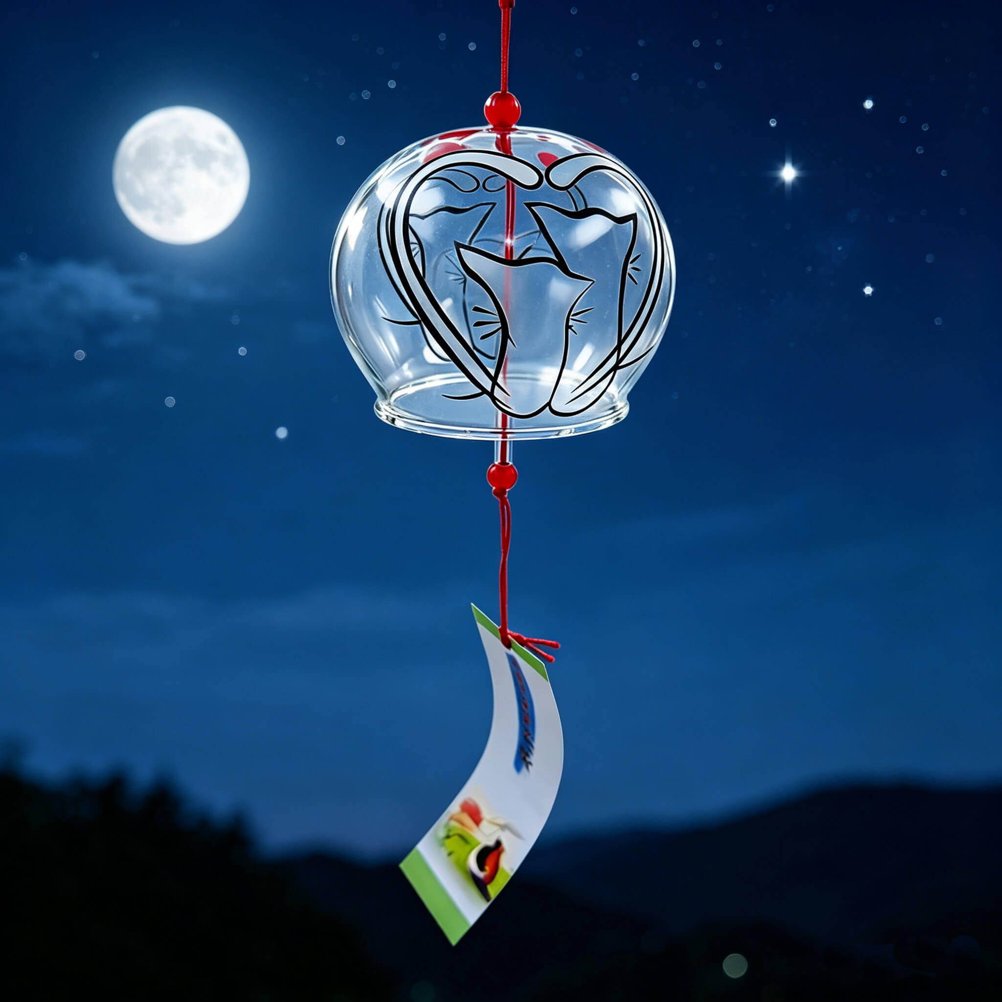 Acever Japanese Furin Glass Wind Chime – Cats in Love & Red Heart | Edo Style Wind Bell