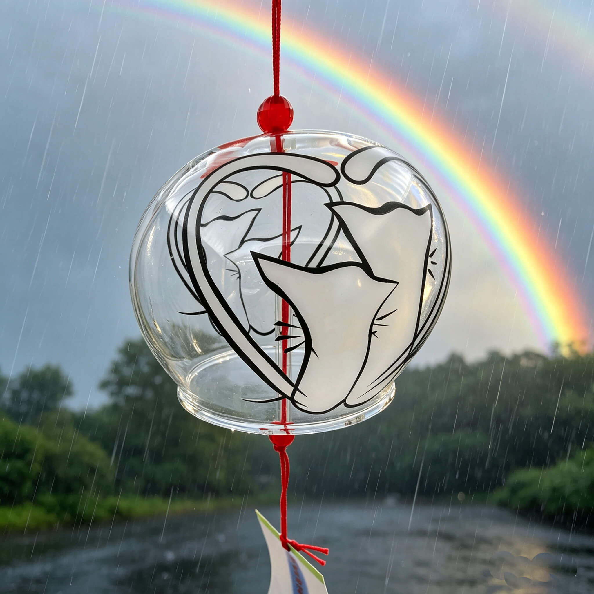 Acever Japanese Furin Glass Wind Chime – Cats in Love & Red Heart | Edo Style Wind Bell
