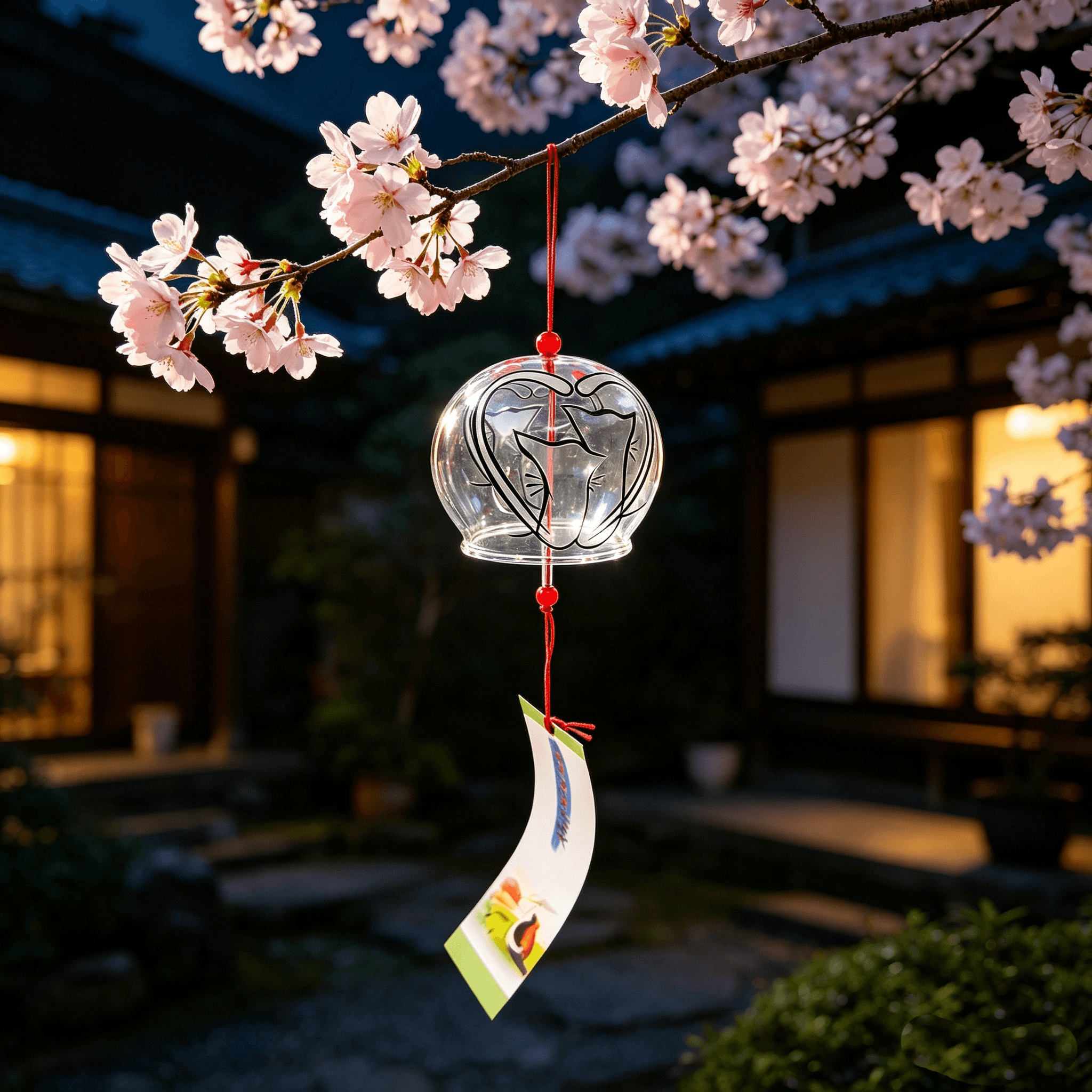 Acever Japanese Furin Glass Wind Chime – Cats in Love & Red Heart | Edo Style Wind Bell