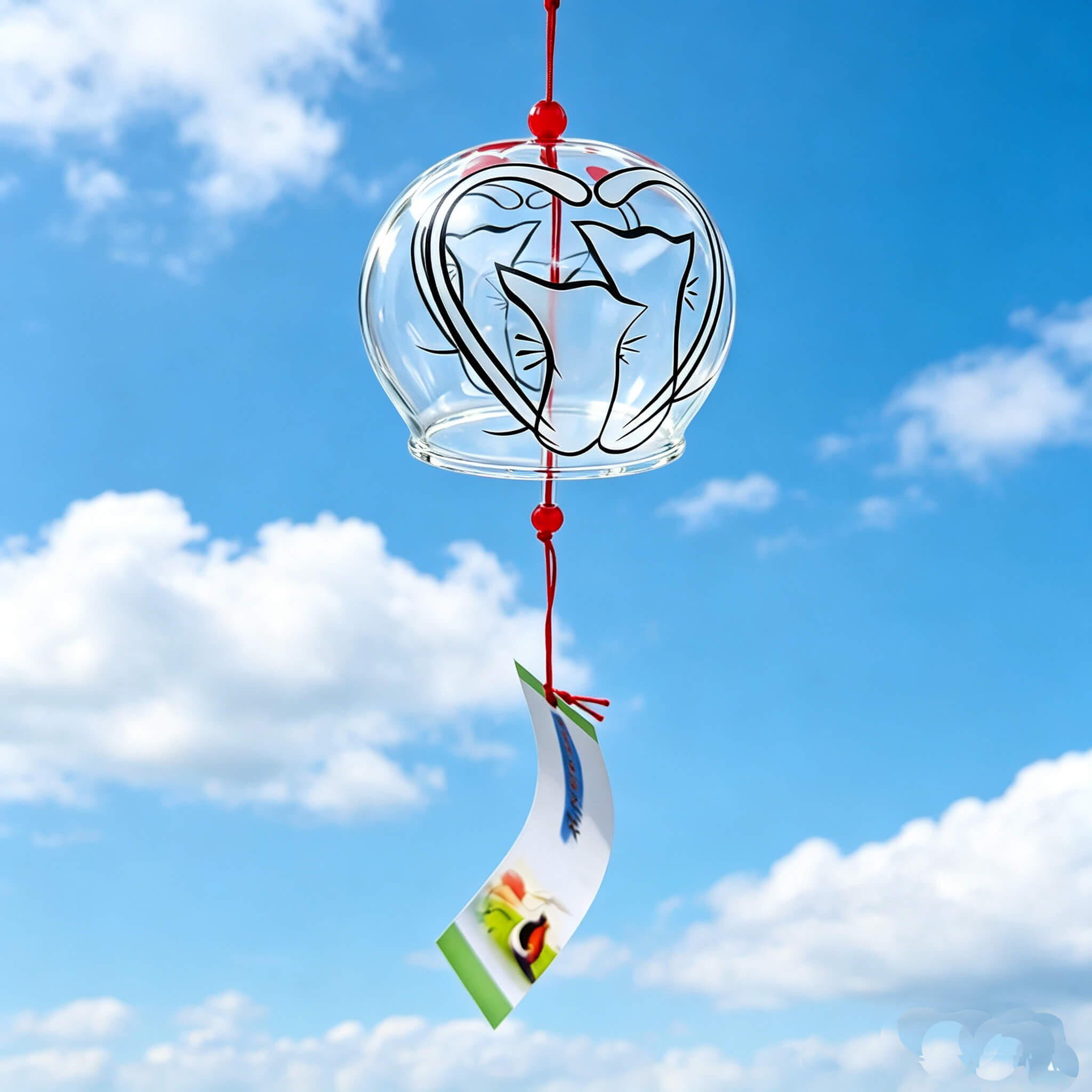 Acever Japanese Furin Glass Wind Chime – Cats in Love & Red Heart | Edo Style Wind Bell
