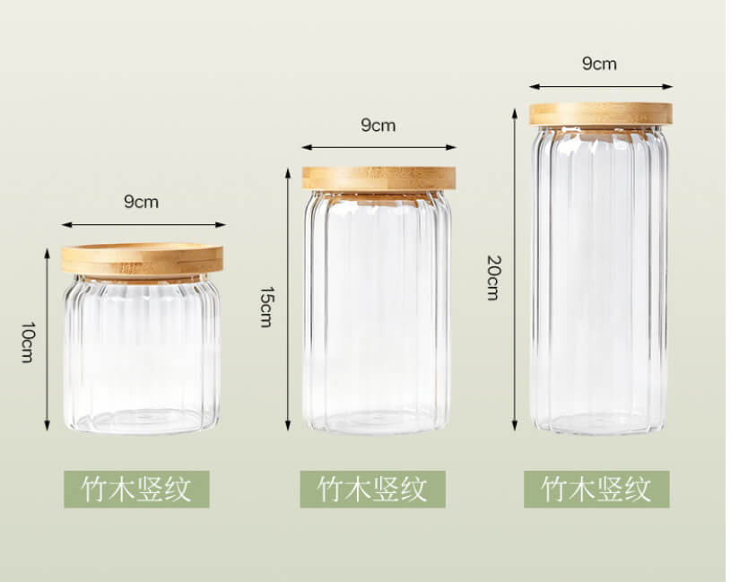 900ml ribbed glass jar with bamboo lid filled with green mung beans showing 20cm height and 9cm width dimensions.