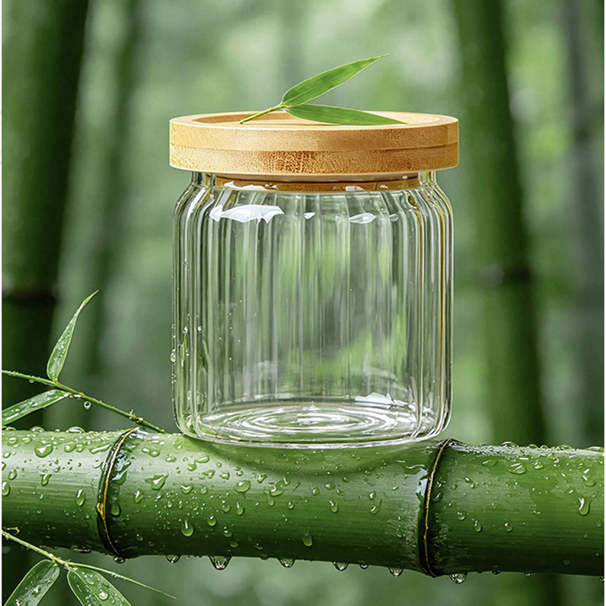 Ribbed glass jar resting on wet bamboo branch with water droplets and green bamboo leaf on lid.