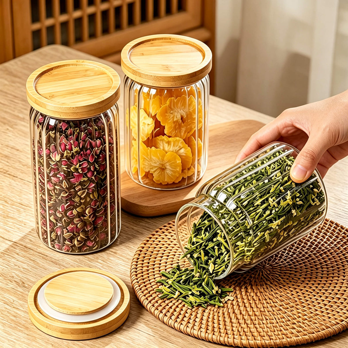 Hand holding 900ml ribbed glass jar with bamboo lid filled with dried pineapple slices.
