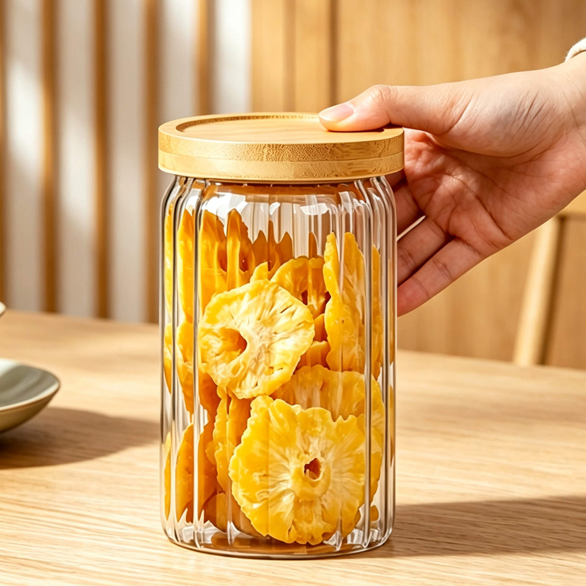 Three ribbed glass jars with bamboo lids on wooden table filled with dried flowers, dried pineapple slices, and green tea leaves.