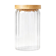 Clear ribbed borosilicate glass jar with flat natural bamboo lid.